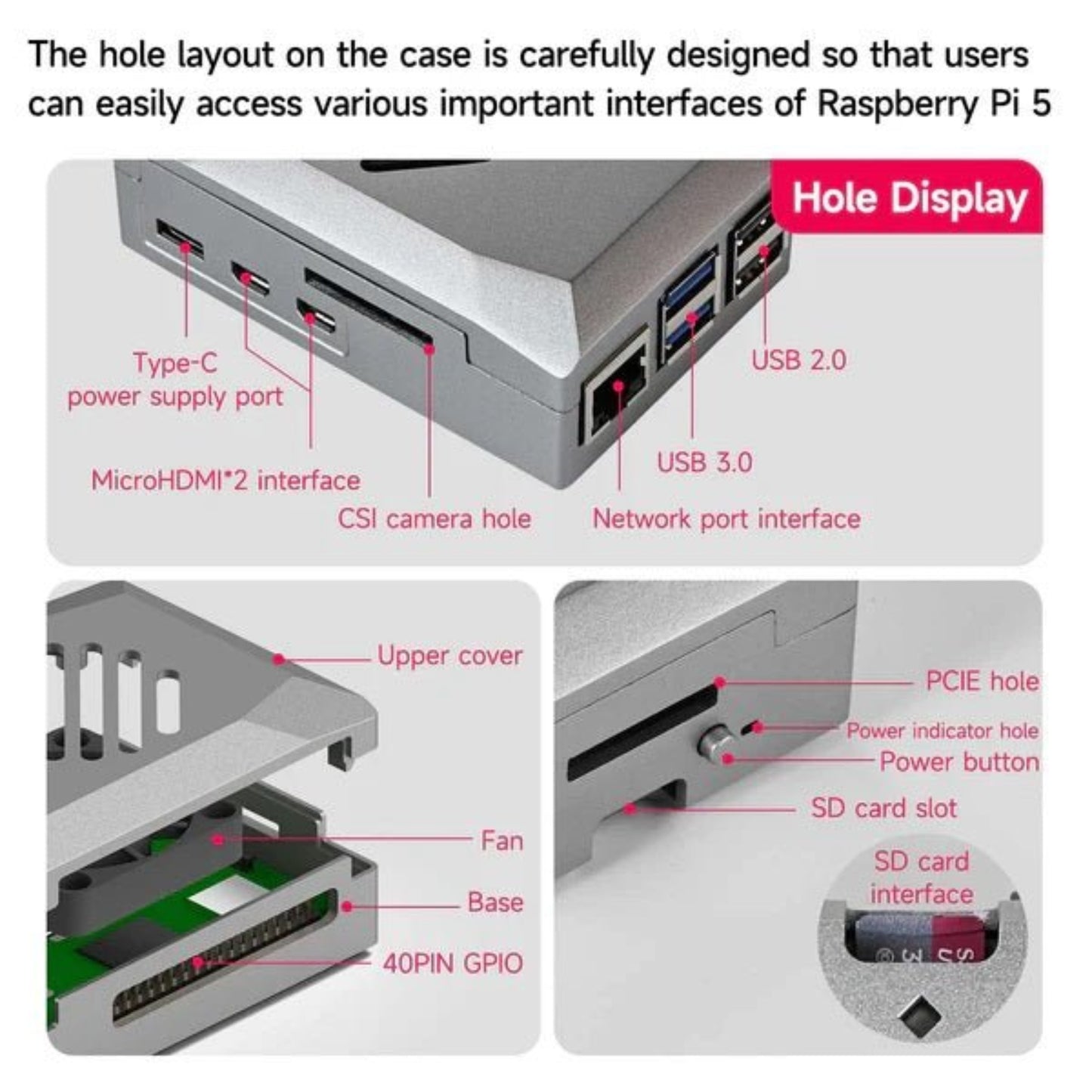 Close-up of the Yahboom Raspberry Pi 5 case showing hole layout for easy access to interfaces and ports.
