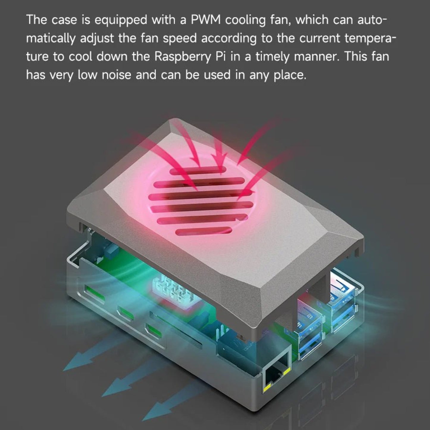 Silver ABS case for Raspberry Pi 5 with a PWM cooling fan, designed for optimal airflow and low noise operation.