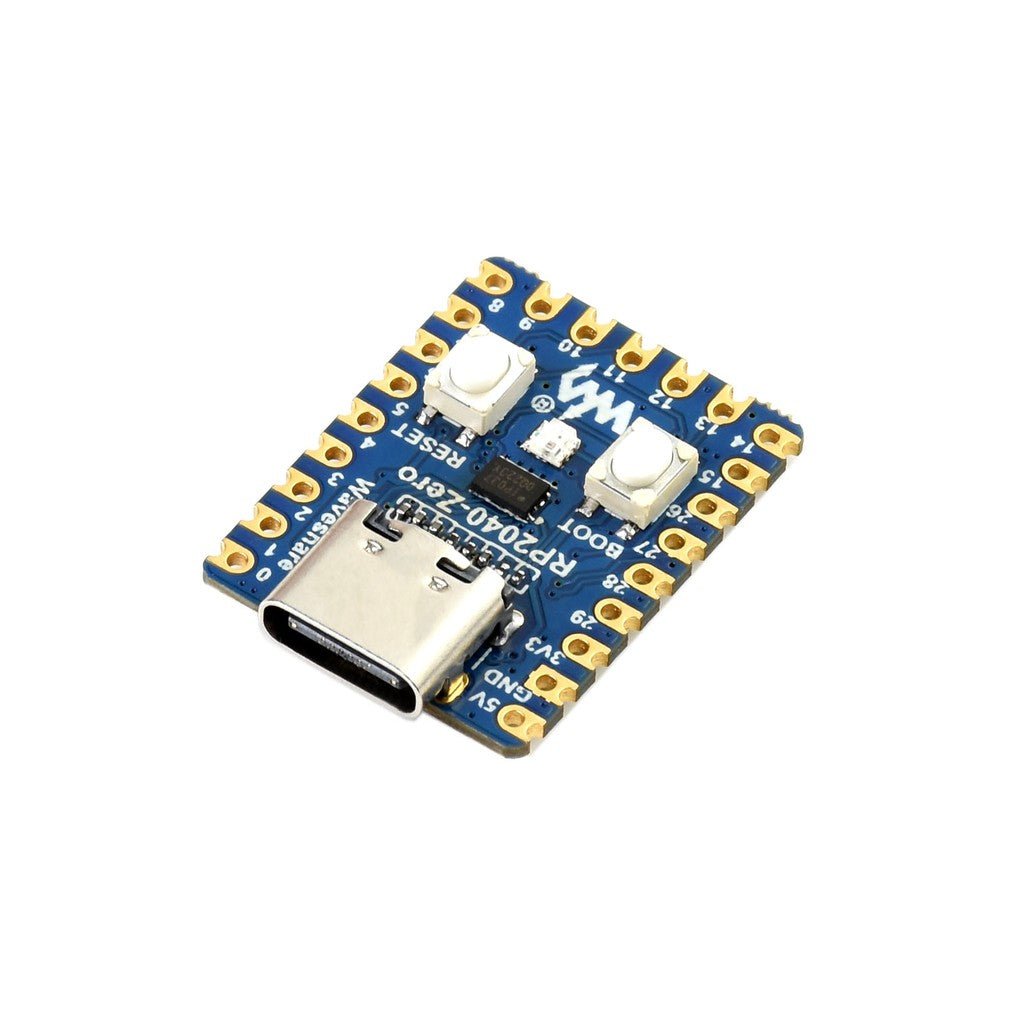 RP2040-Zero board for Raspberry Pi featuring USB-C connector and GPIO pins, ideal for microcontroller projects.