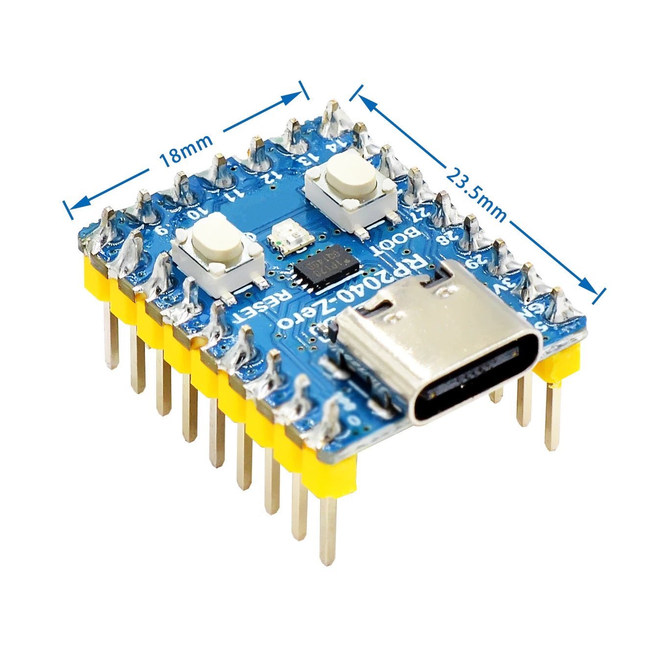 RP2040-Zero board for Raspberry Pi featuring USB-C connector, dual-core processor, and GPIO pins, compact size 18mm x 23.5mm.