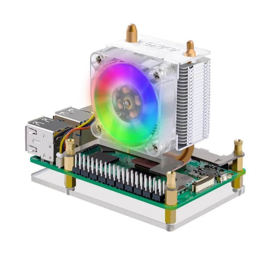 ICE Tower Cooler for Raspberry Pi 5 showcasing RGB fan and copper tube radiator for efficient cooling.