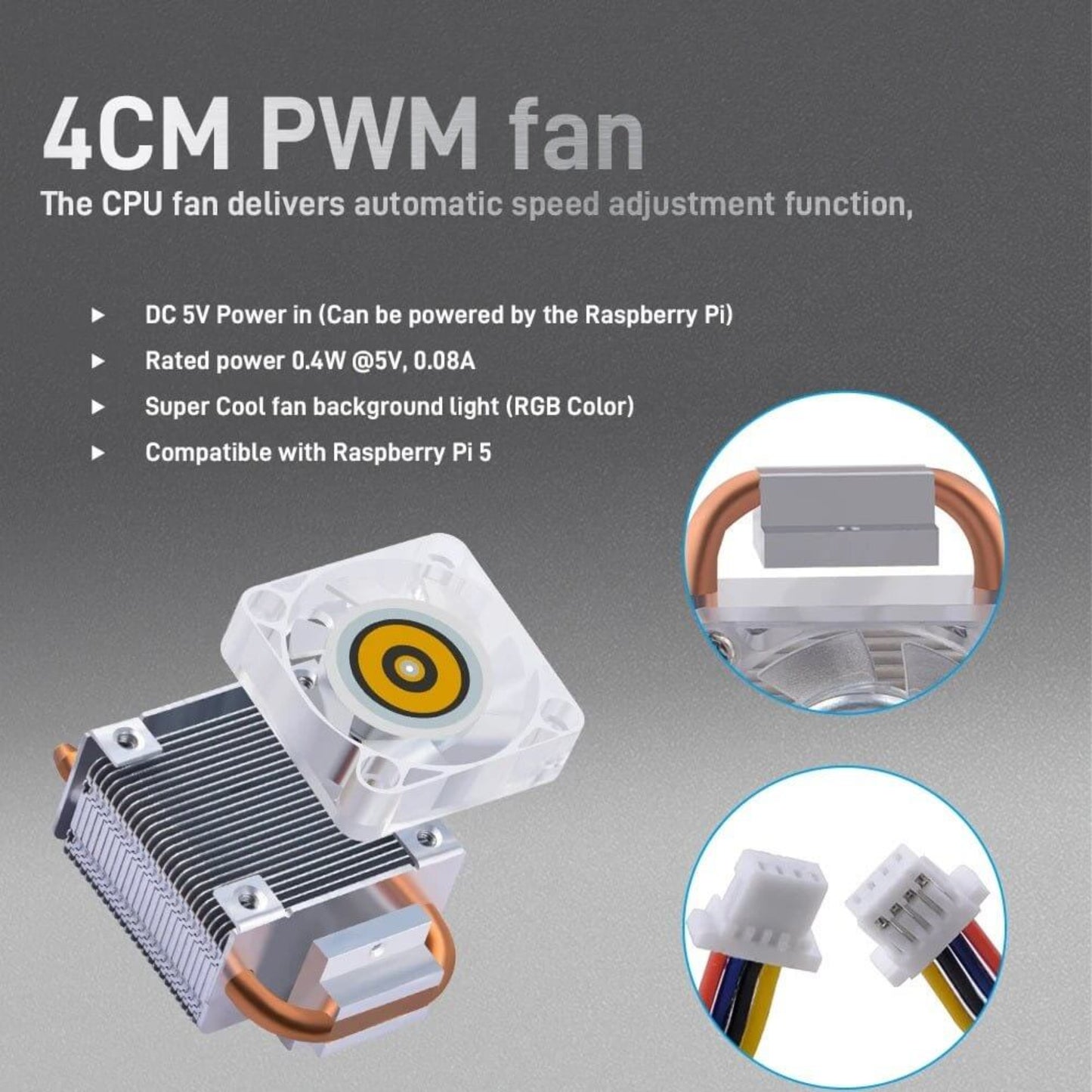 4CM PWM fan for Raspberry Pi 5, features automatic speed adjustment and RGB background light for optimal cooling.
