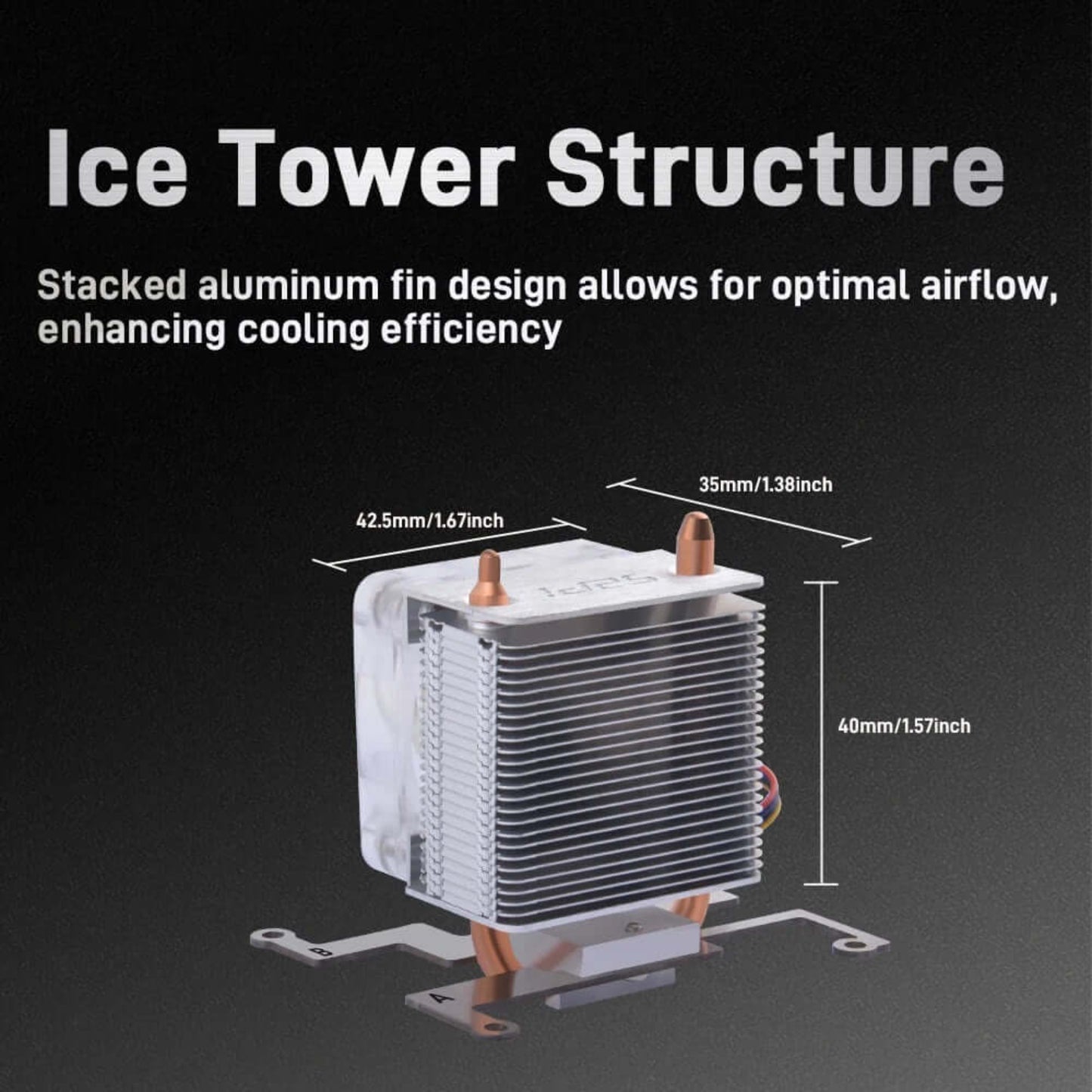 Ice Tower Cooler structure showing stacked aluminum fin design for improved airflow and cooling efficiency.