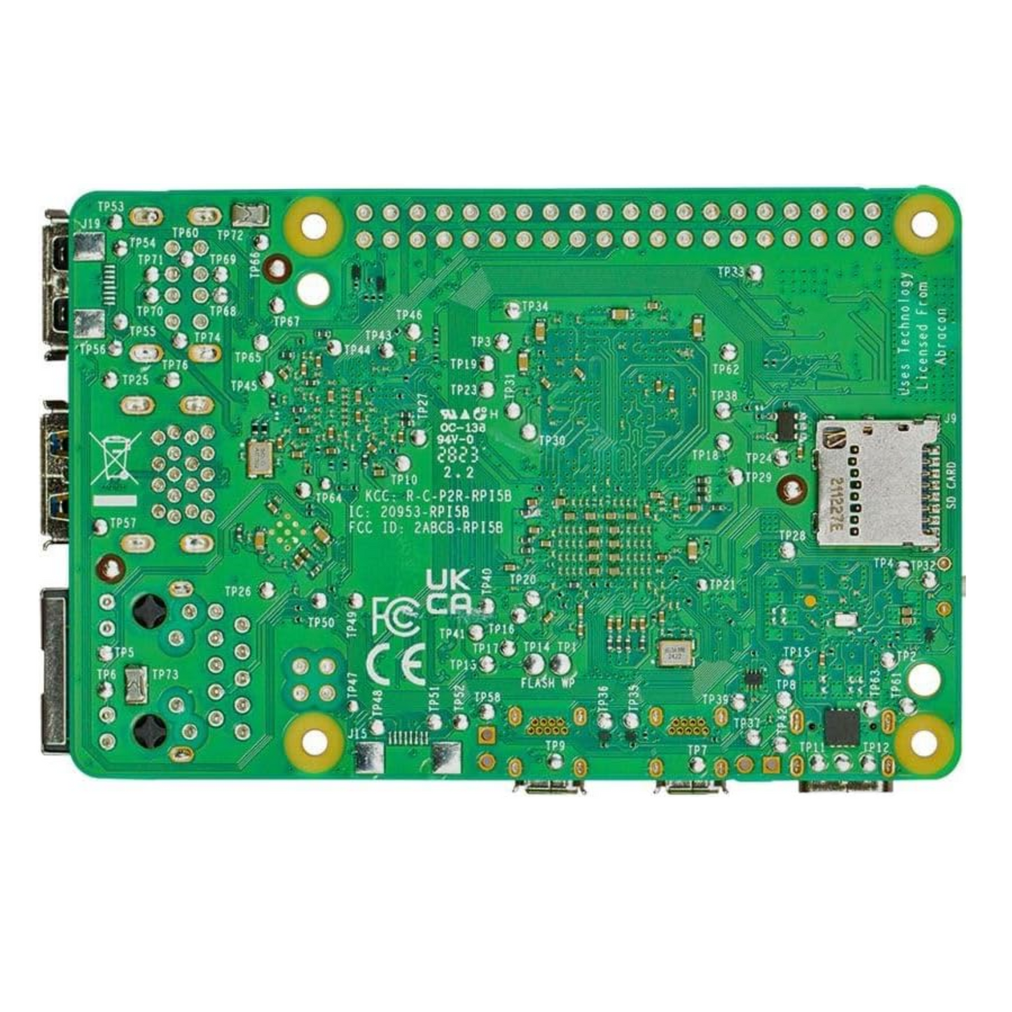 Raspberry Pi 5 Model B single-board computer with quad-core CPU and green circuit board design.