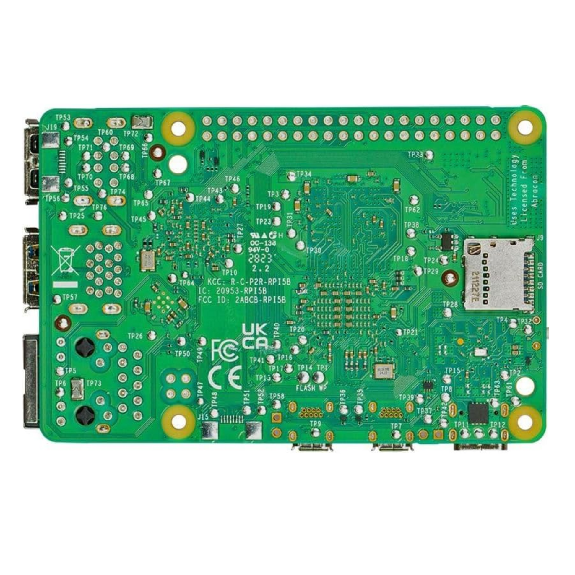 Raspberry Pi 5 Model B single-board computer with quad-core CPU and green circuit board design.