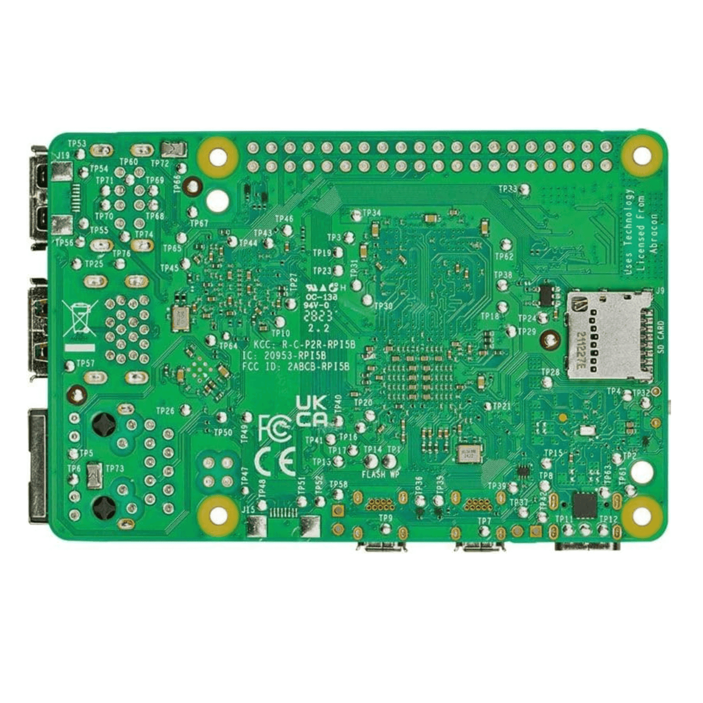 Raspberry Pi 5 Model B single-board computer with quad-core CPU and green circuit board design.