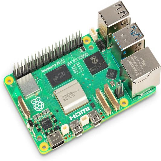 Raspberry Pi 5 Model B 4GB/8GB single-board computer featuring quad-core CPU and multiple connectivity options.