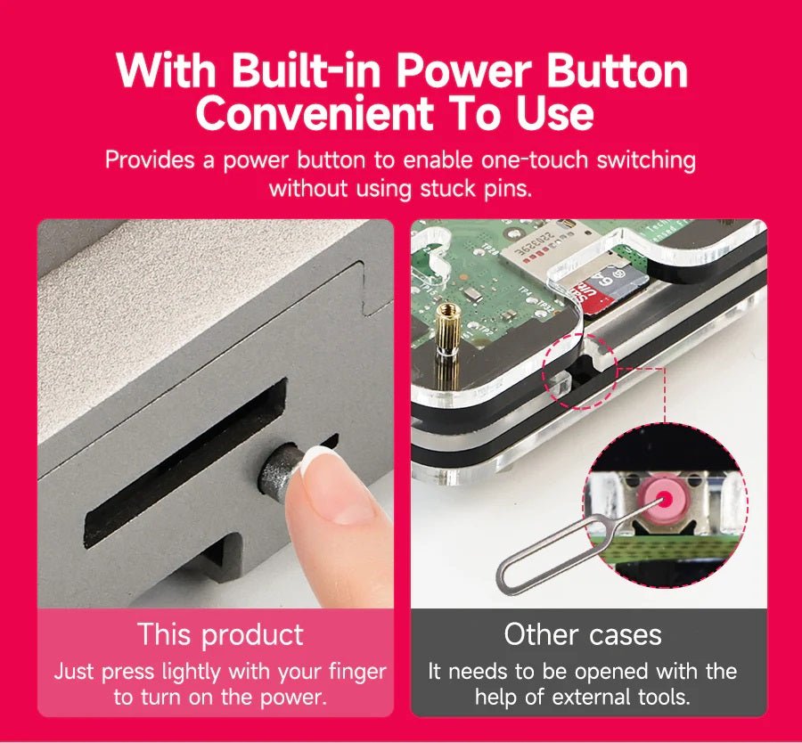 Raspberry Pi 5 case showcasing convenient built-in power button for easy one-touch operation without stuck pins.