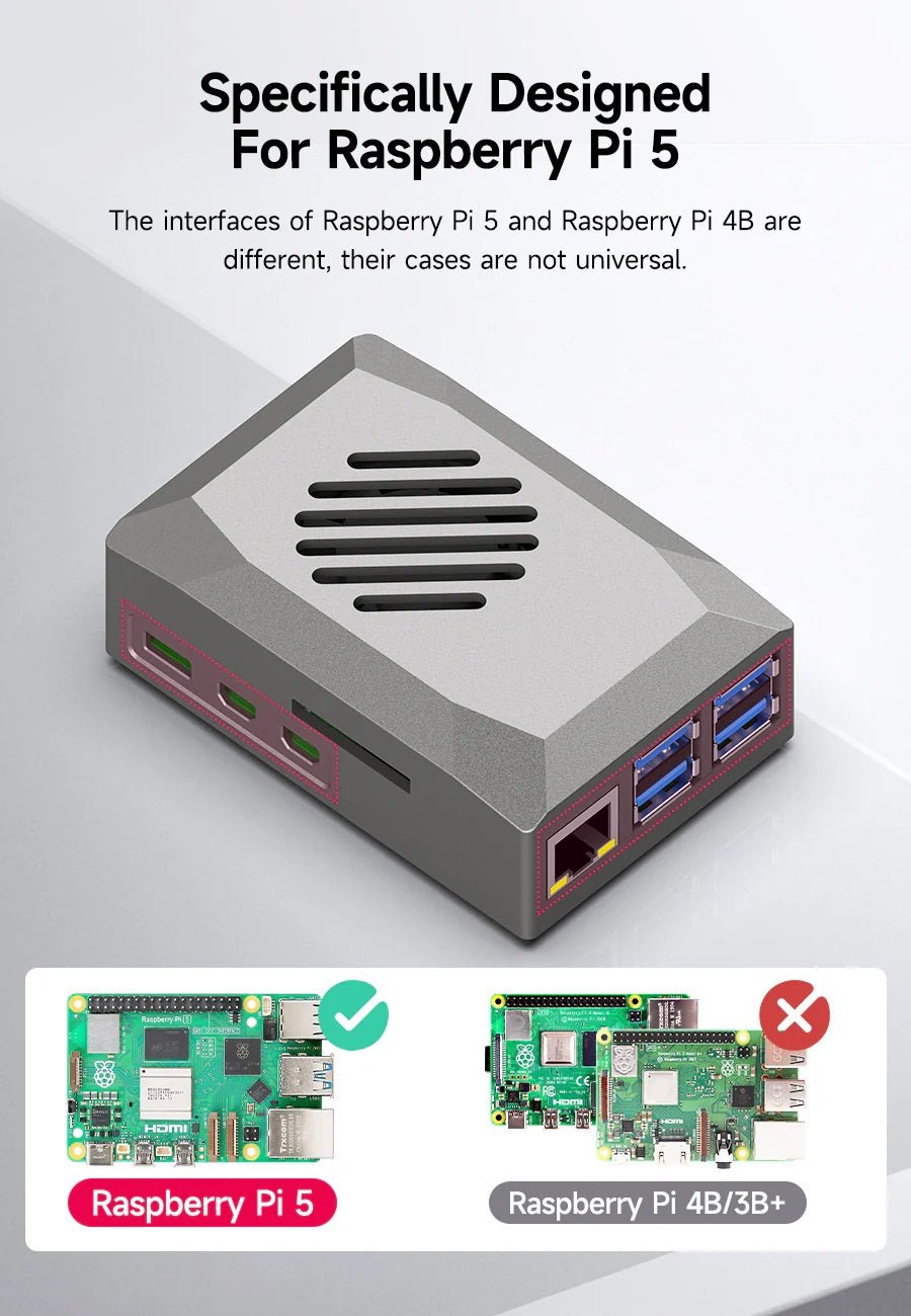 Silver ABS case for Raspberry Pi 5 showing unique interface design, compatible with PWM cooling fan.