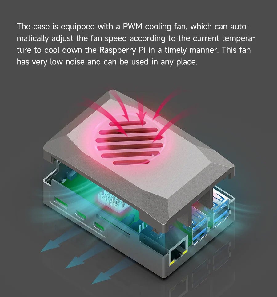 Silver ABS case for Raspberry Pi 5 with a PWM cooling fan, designed for optimal airflow and low noise operation.