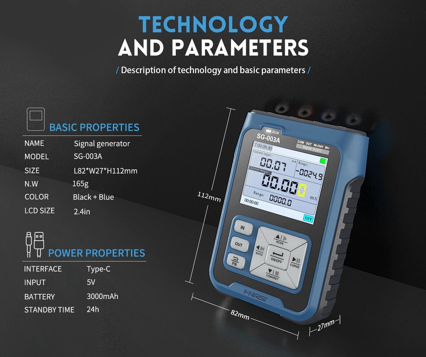 FNIRSI SG-003A signal generator technical specifications including size, interface, and battery details.