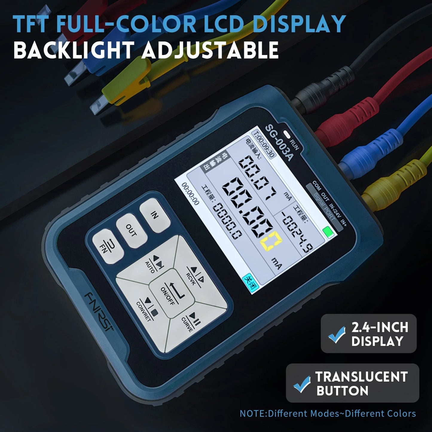 FNIRSI SG-003A signal generator with TFT full-color LCD display, adjustable backlight, and 2.4-inch screen.