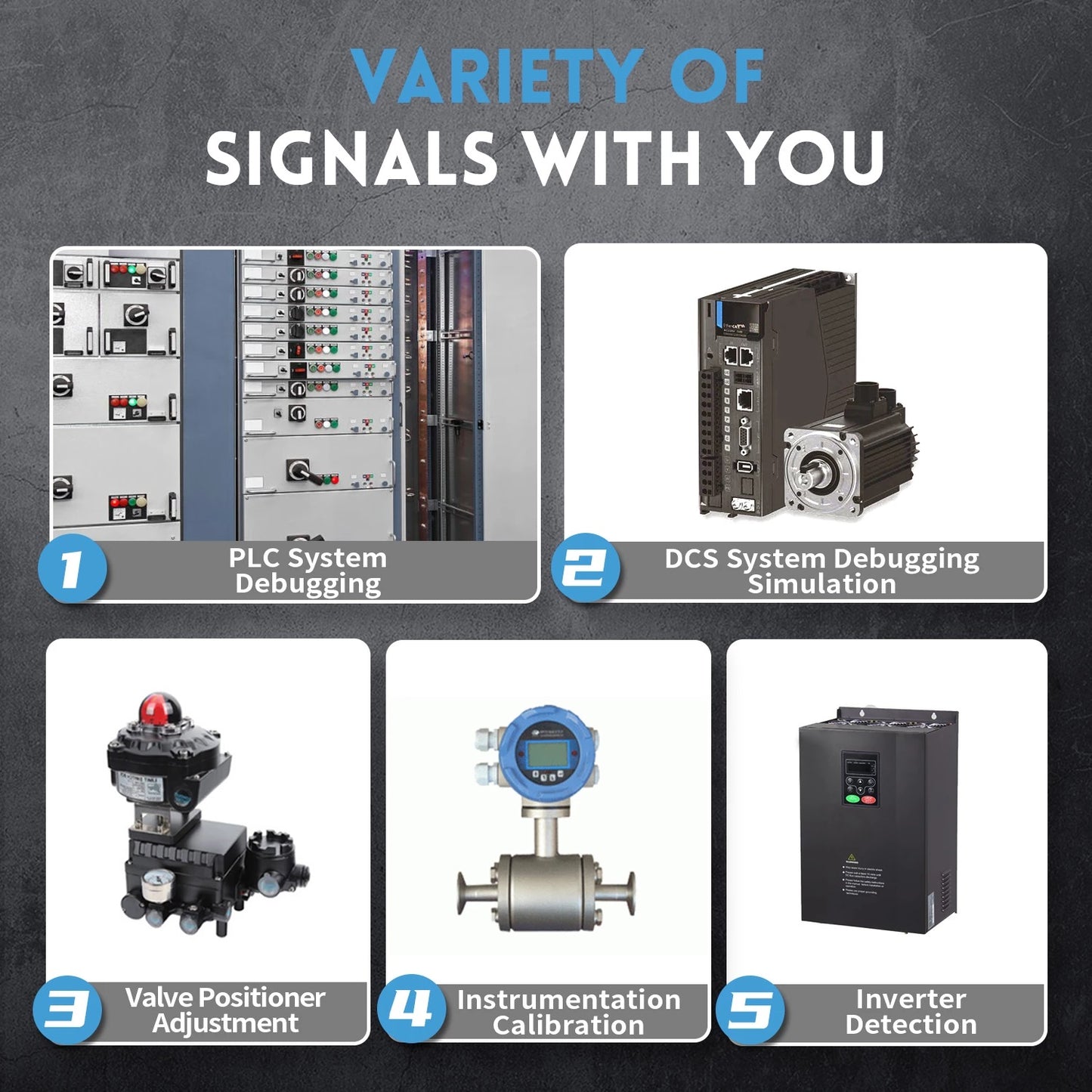 Collage of industrial signal applications: PLC debugging, DCS simulation, valve adjustment, calibration, and inverter detection.