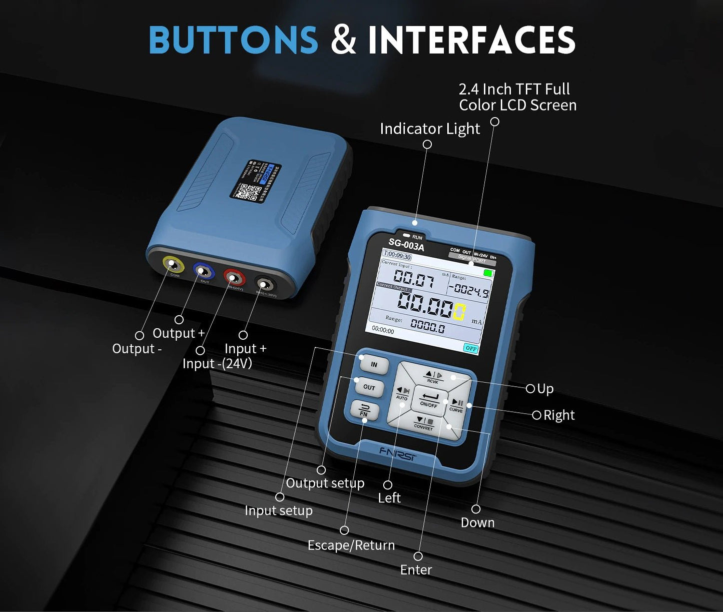 FNIRSI SG-003A signal generator showing buttons and interfaces with a 2.4 inch TFT LCD screen and labeled connections.