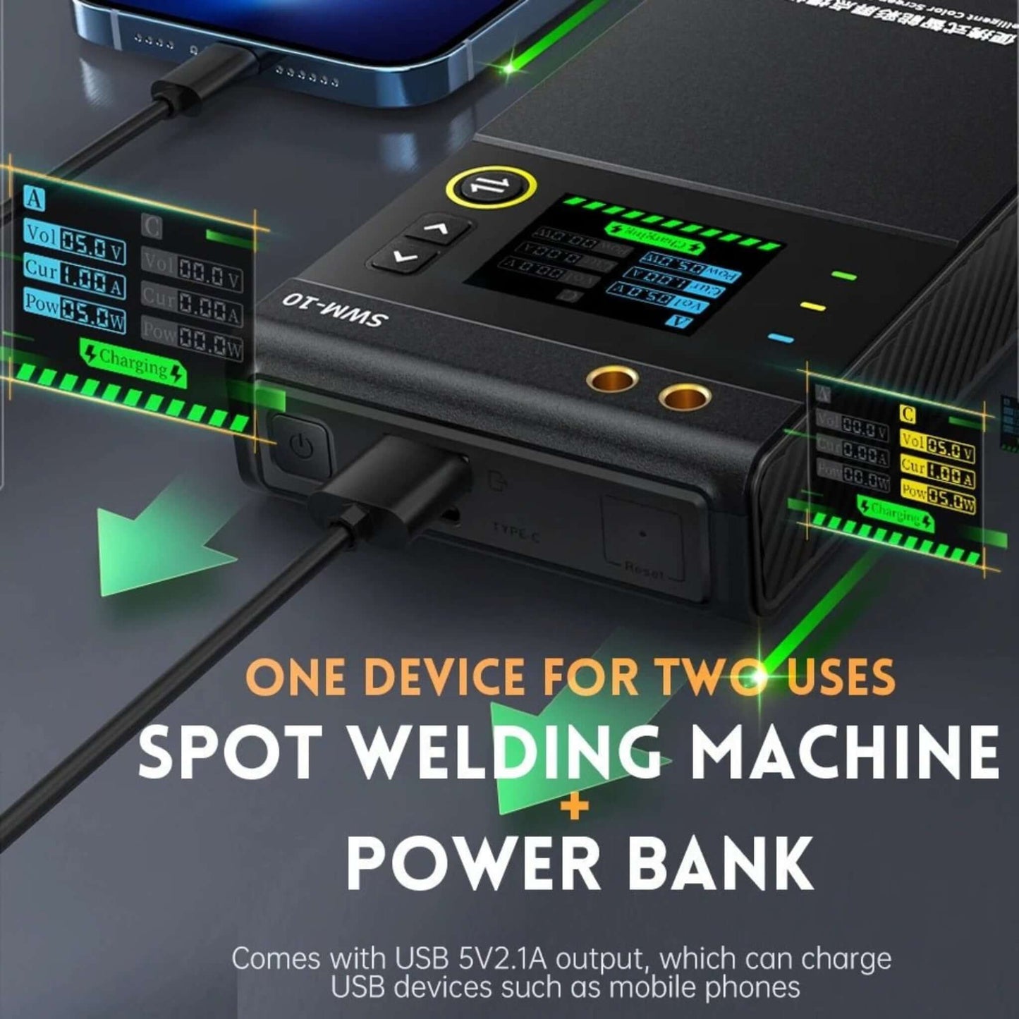 FNIRSI SWM-10 Portable Spot Welder with USB output for charging mobile devices, showcasing its dual-use functionality.