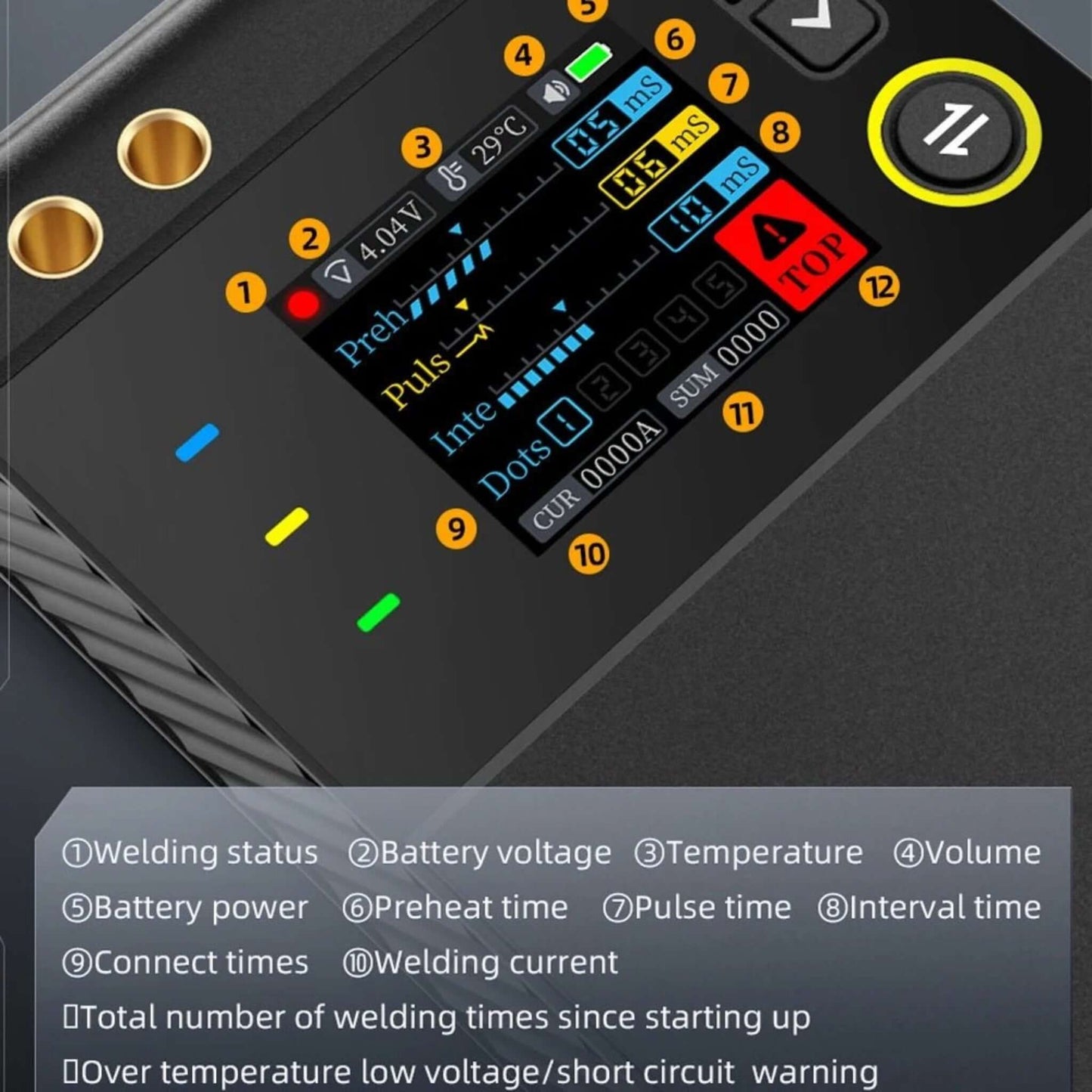 FNIRSI SWM-10 Portable Spot Welder TFT screen showing battery status, temperature, and pulse settings for precision welding.