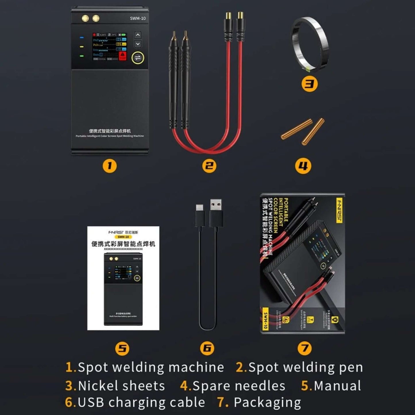 FNIRSI SWM-10 Portable Spot Welder kit with machine, welding pen, nickel sheets, spare needles, and USB charging cable.