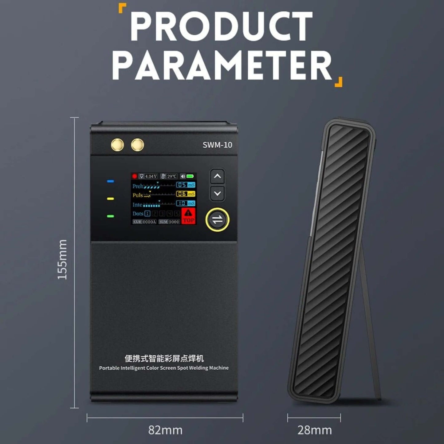 FNIRSI SWM-10 portable spot welder display with TFT screen and product parameters shown.