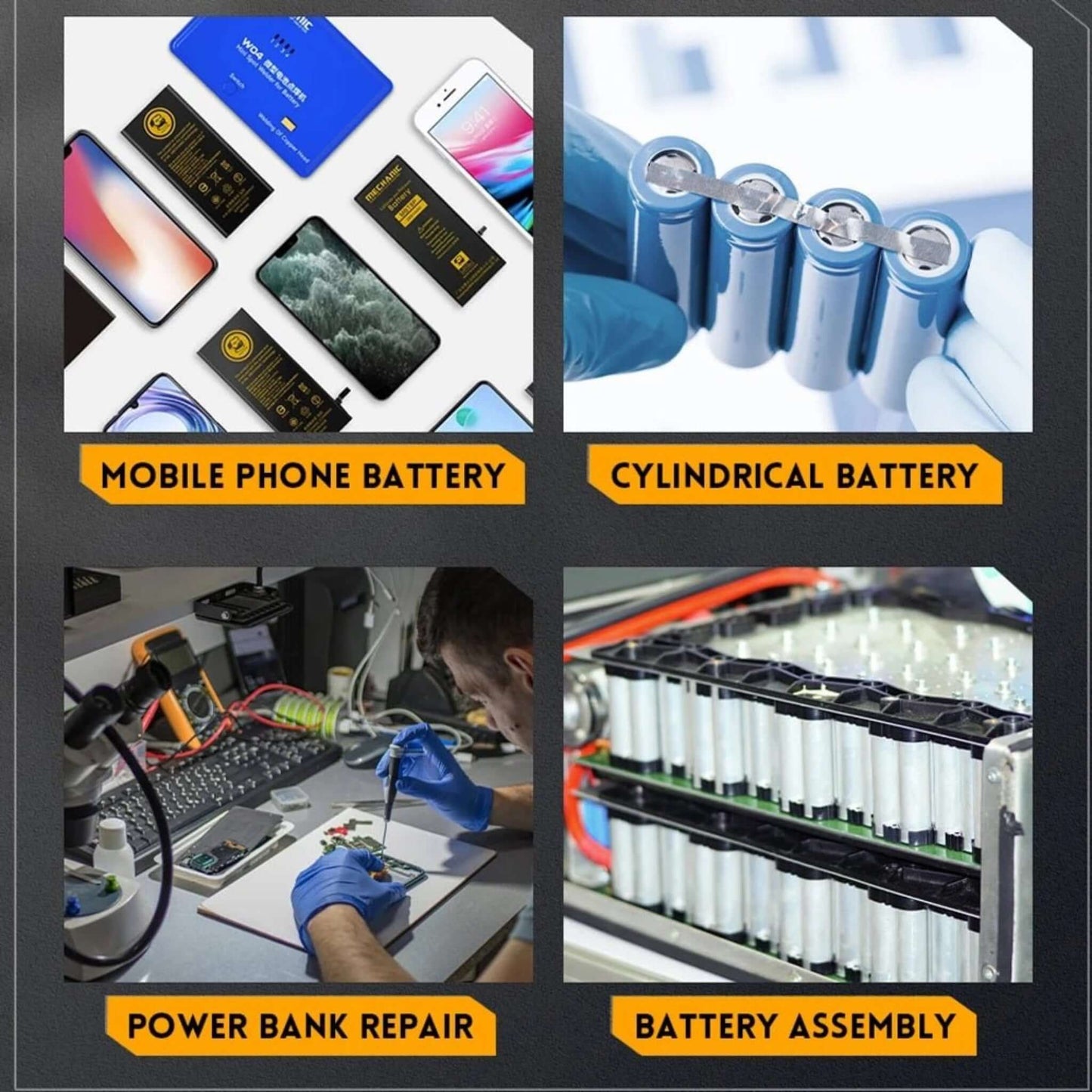 Collage of mobile phone batteries, cylindrical batteries, power bank repair, and battery assembly process in an electronics workshop.