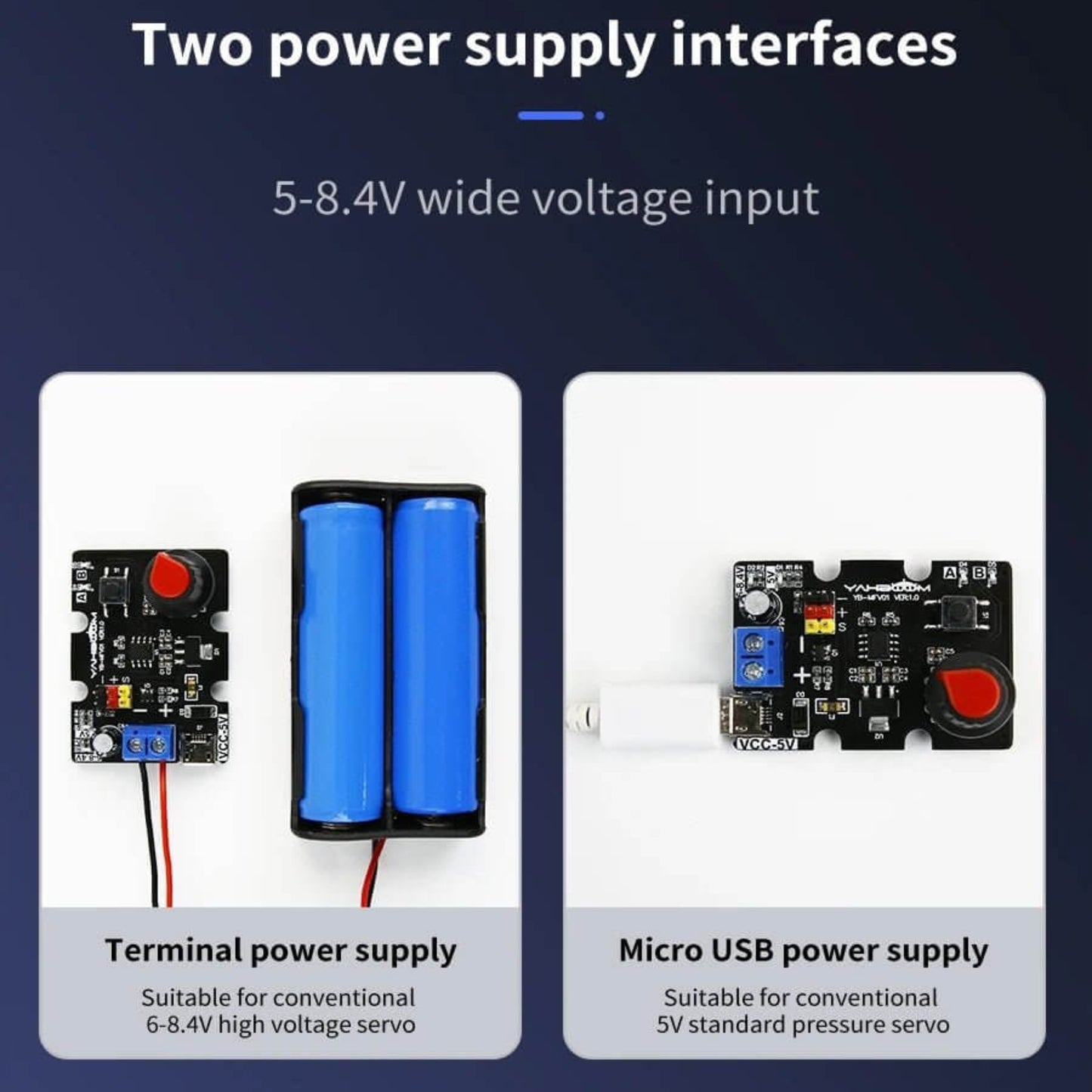 Single-channel Servo Debugging Board with two power supply interfaces for servo robot development.