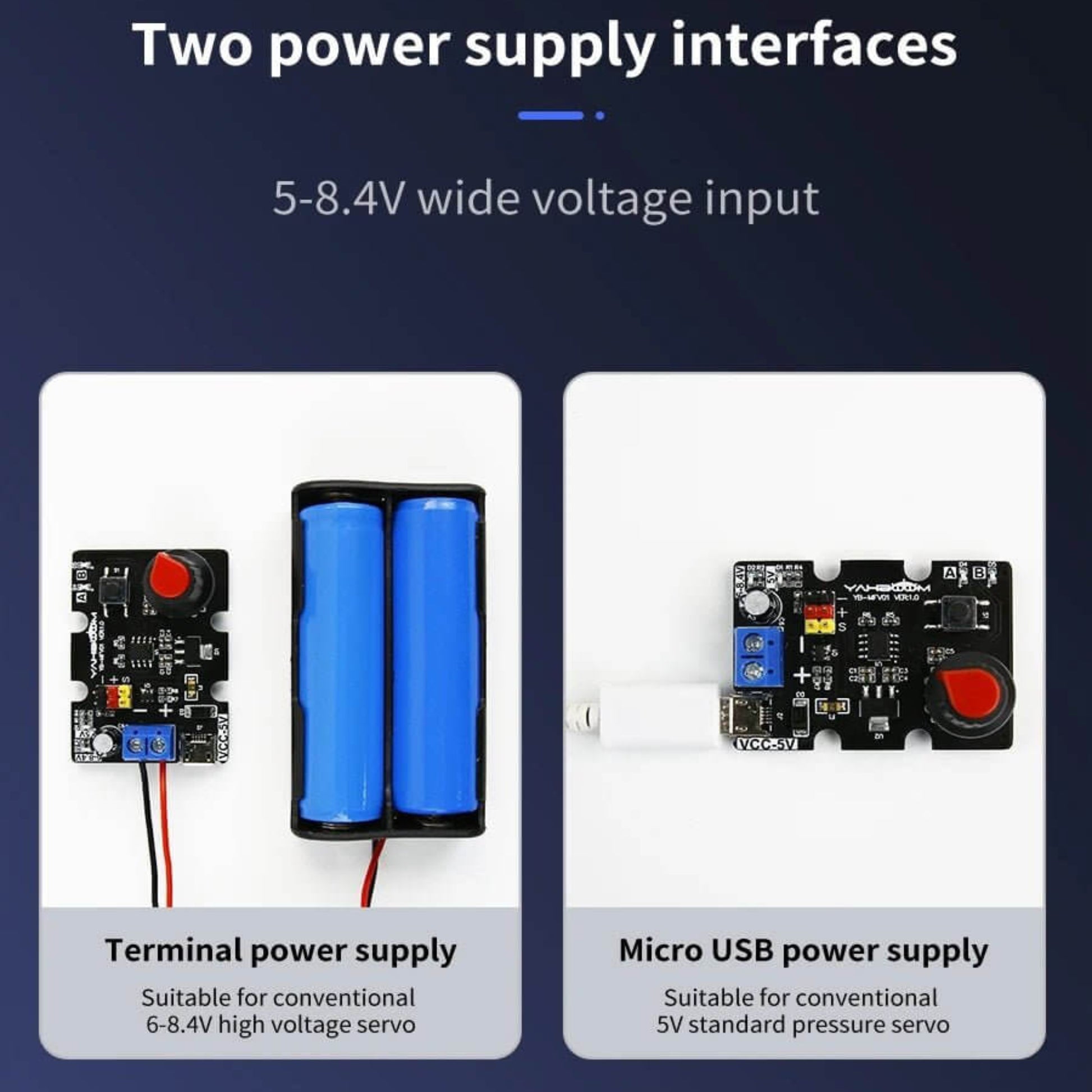 Single-channel Servo Debugging Board with two power supply interfaces for servo robot development.
