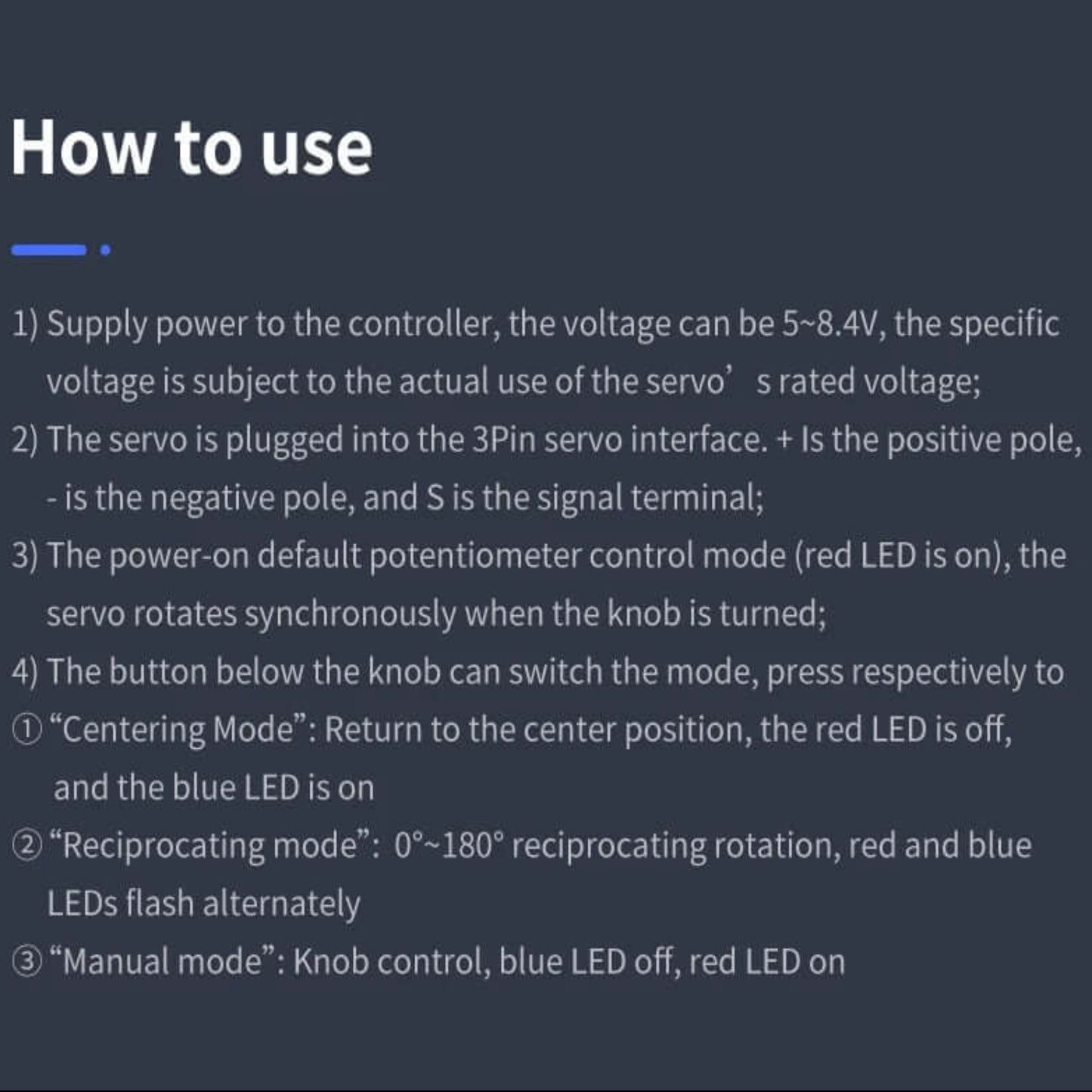 How to use the Single-channel Servo Debugging Board for PWM servos with LED indicators and control modes.