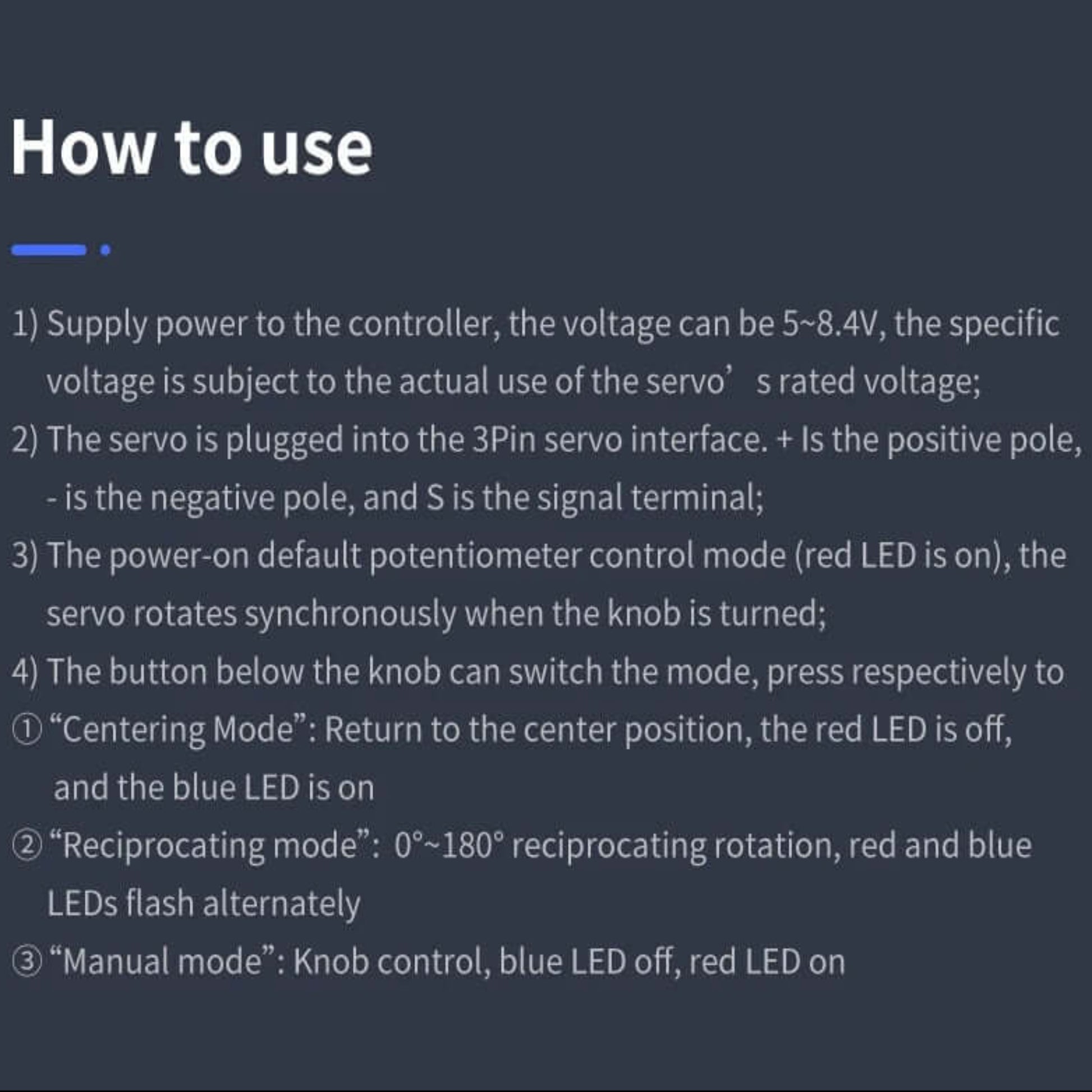 How to use the Single-channel Servo Debugging Board for PWM servos with LED indicators and control modes.