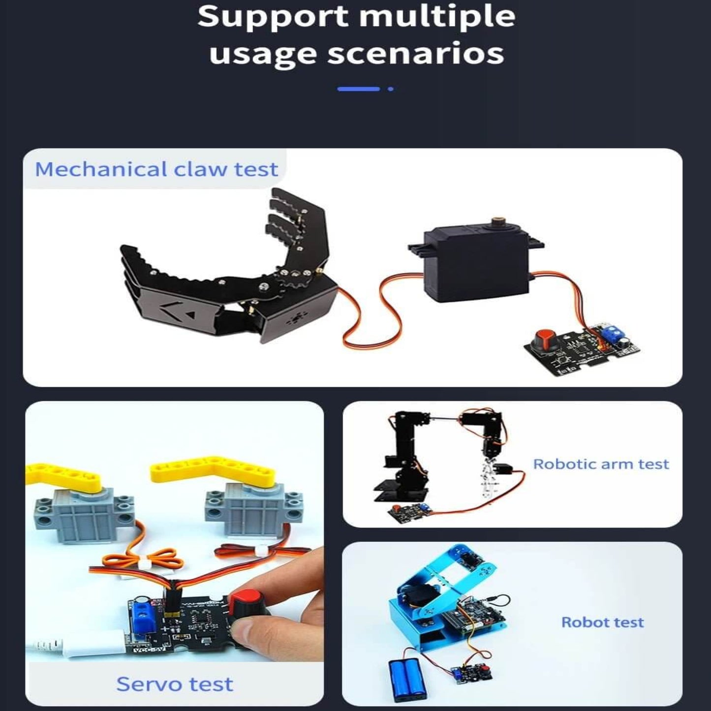 Single-channel Servo Debugging Board showcasing mechanical claw test, robotic arm test, servo test, and robot test scenarios.