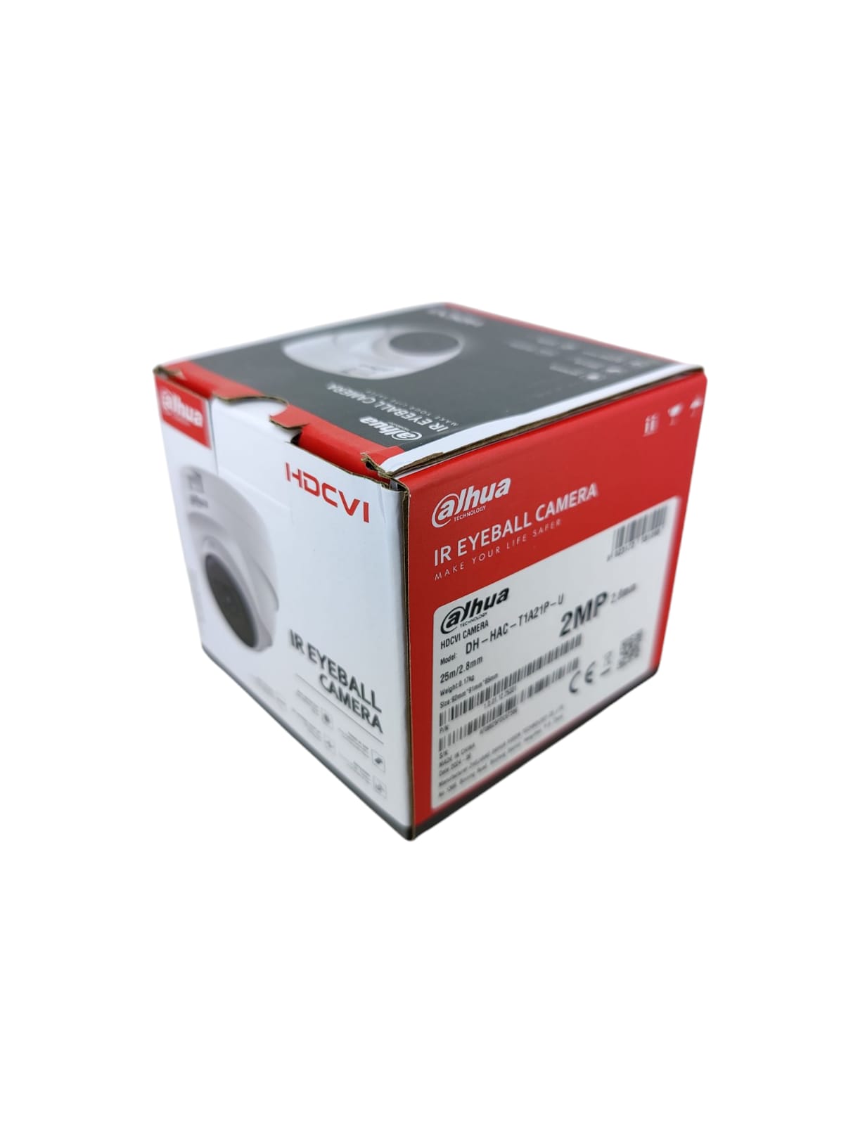 Dahua HAC-T1A21P-U Dome Cam packaging featuring 2MP IR eyeball camera specifications and branding.