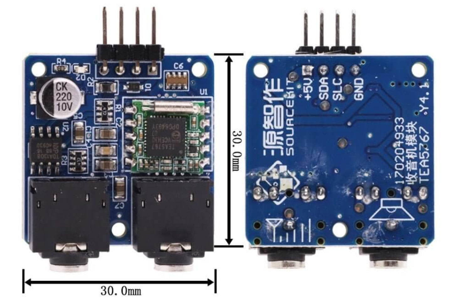 TEA5767 FM stereo radio module for Arduino, dimensions 30mm x 31mm, equipped with I2C interface and antenna connectors.