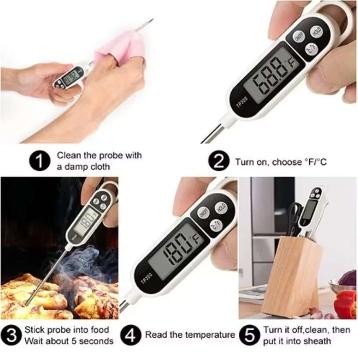 Digital Food Thermometer TP300 usage instructions with temperature readings and cleaning steps.