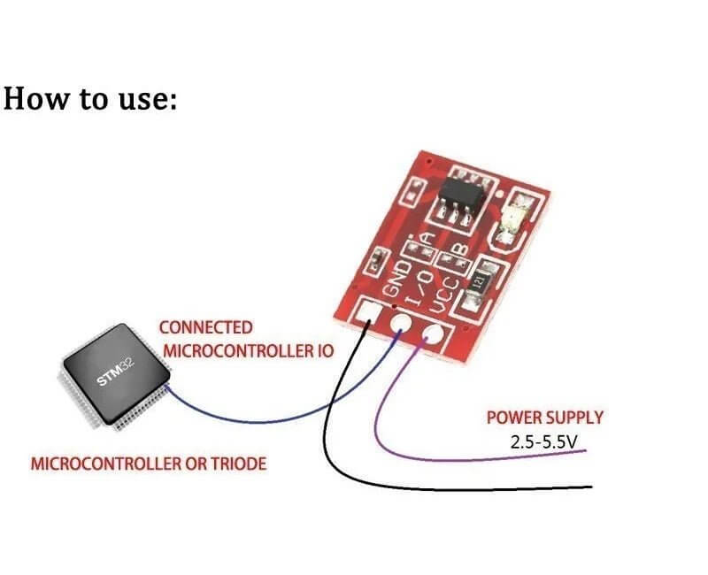 Wiring diagram of TTP223 DIY Touch Button Module showing microcontroller connection and power supply of 2.5-5.5V.