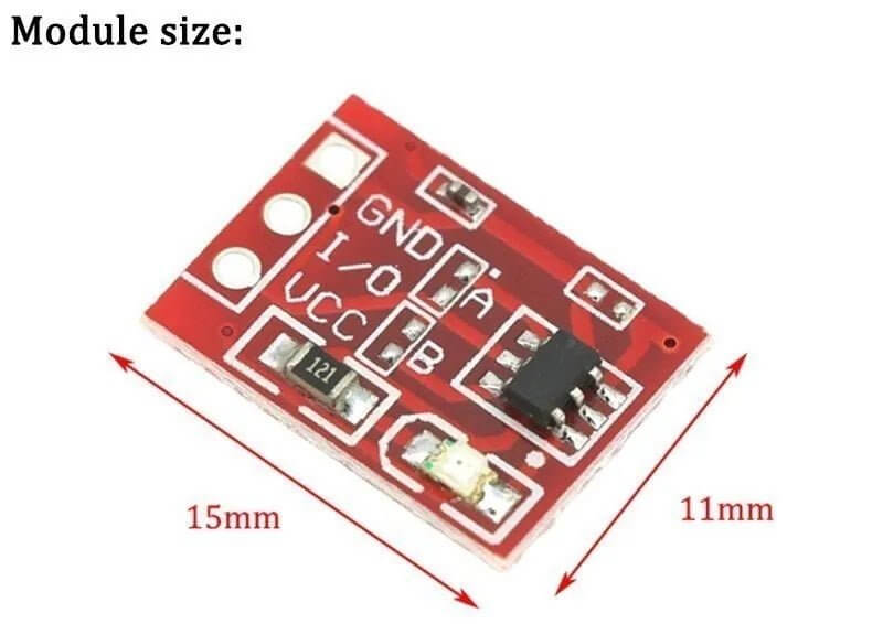 TTP223 DIY Touch Button Module with dimensions 15mm x 11mm and key components labeled for easy setup.