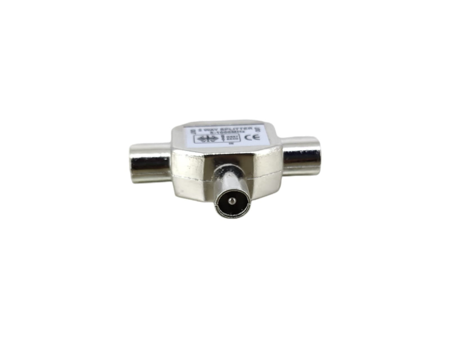Coaxial TV splitter adapter, 1 male to 2 female, durable silver metal housing, anti-oxidative, T-shape design.