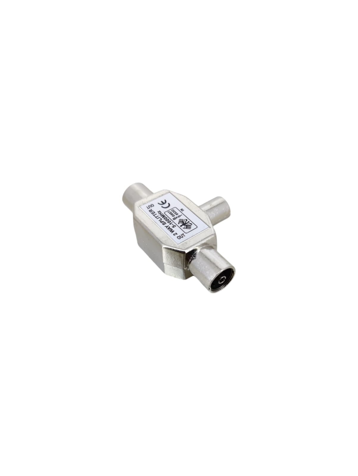 T Shape TV splitter adapter with one male and two female connectors for coaxial antennas.