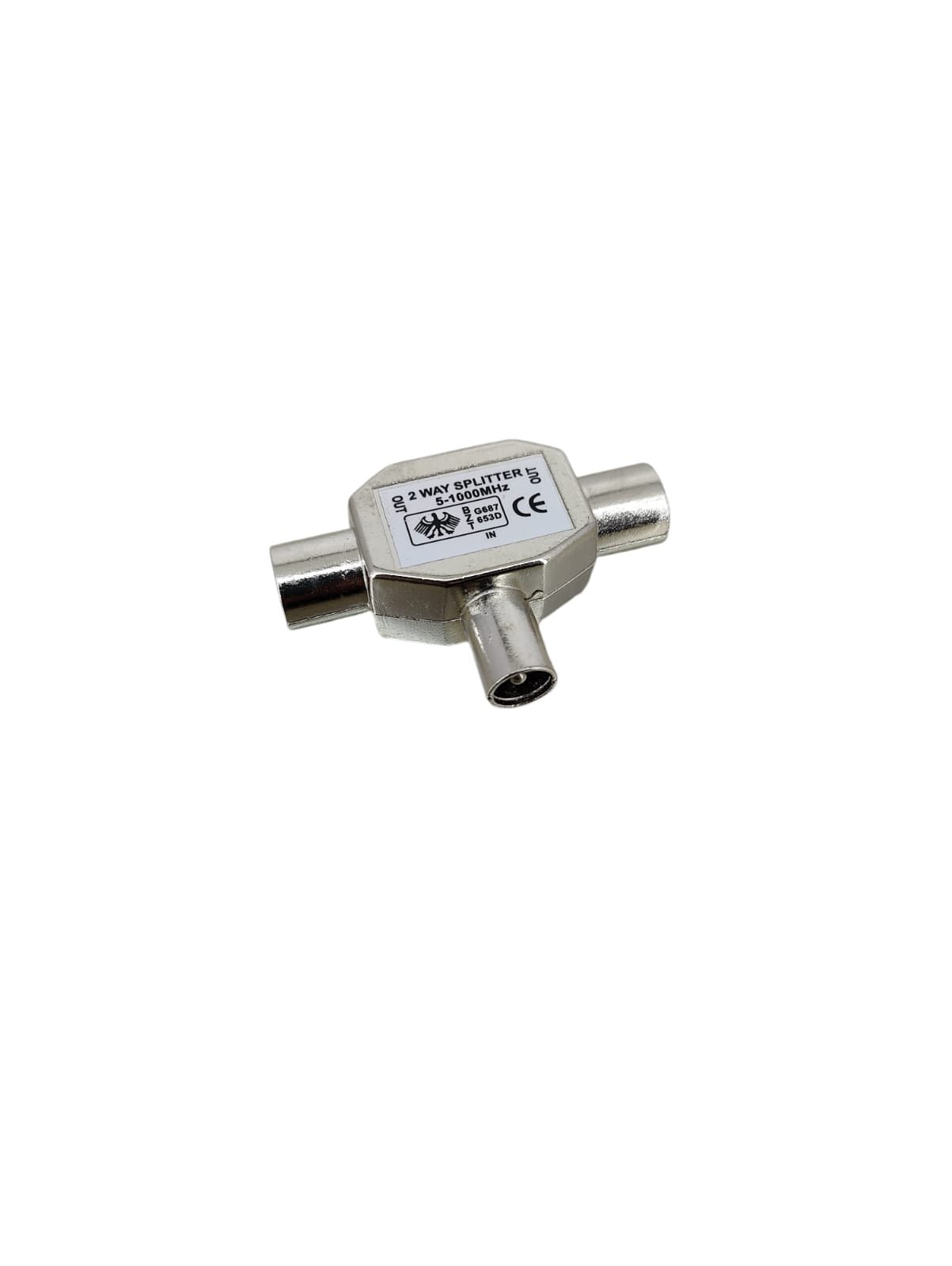 TV splitter adapter 1 male to 2 female coaxial antenna connector with durable silver housing.