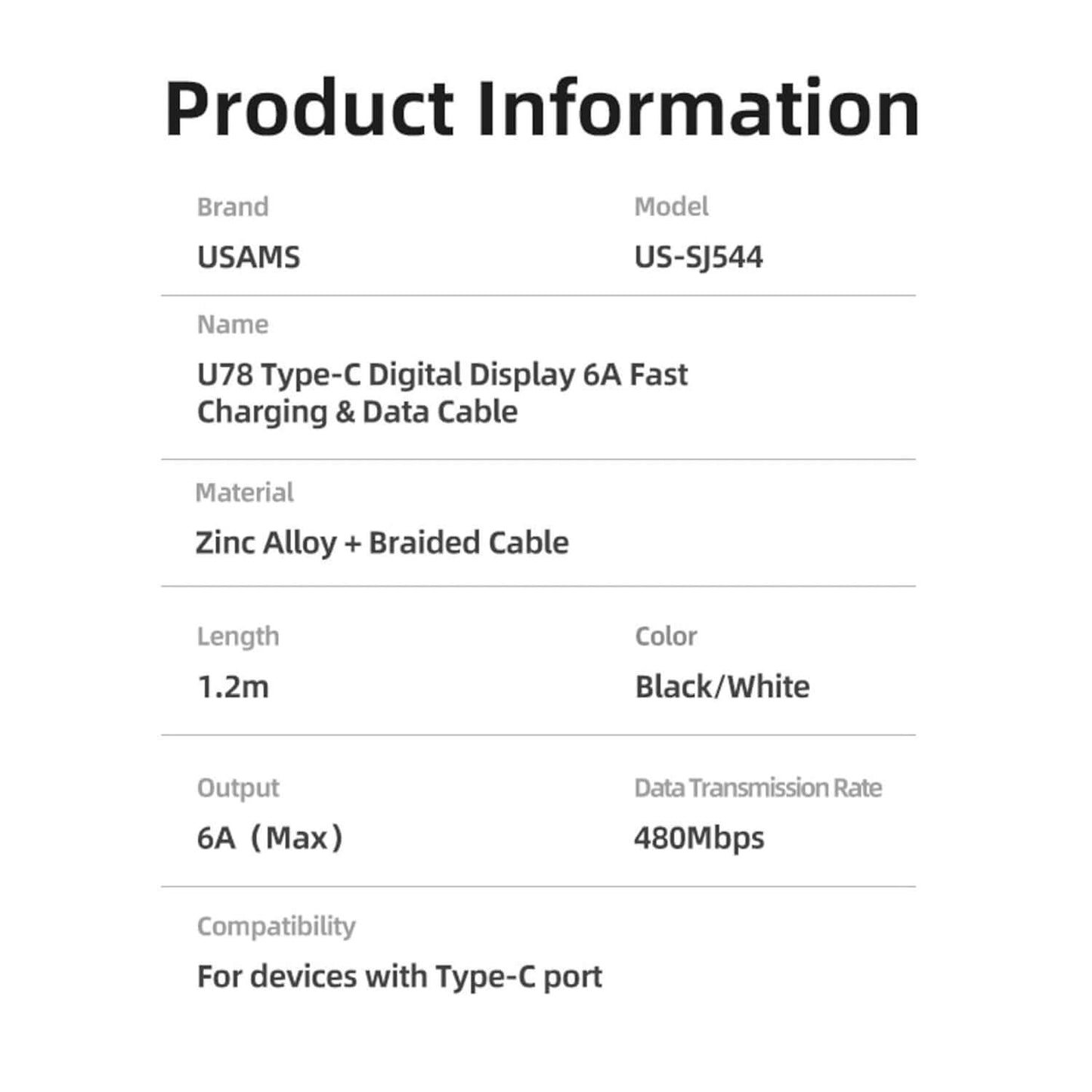 USAMS Digital Display USB - A to USB - C Cable 66W - Sun Cheong Computer Company Limited