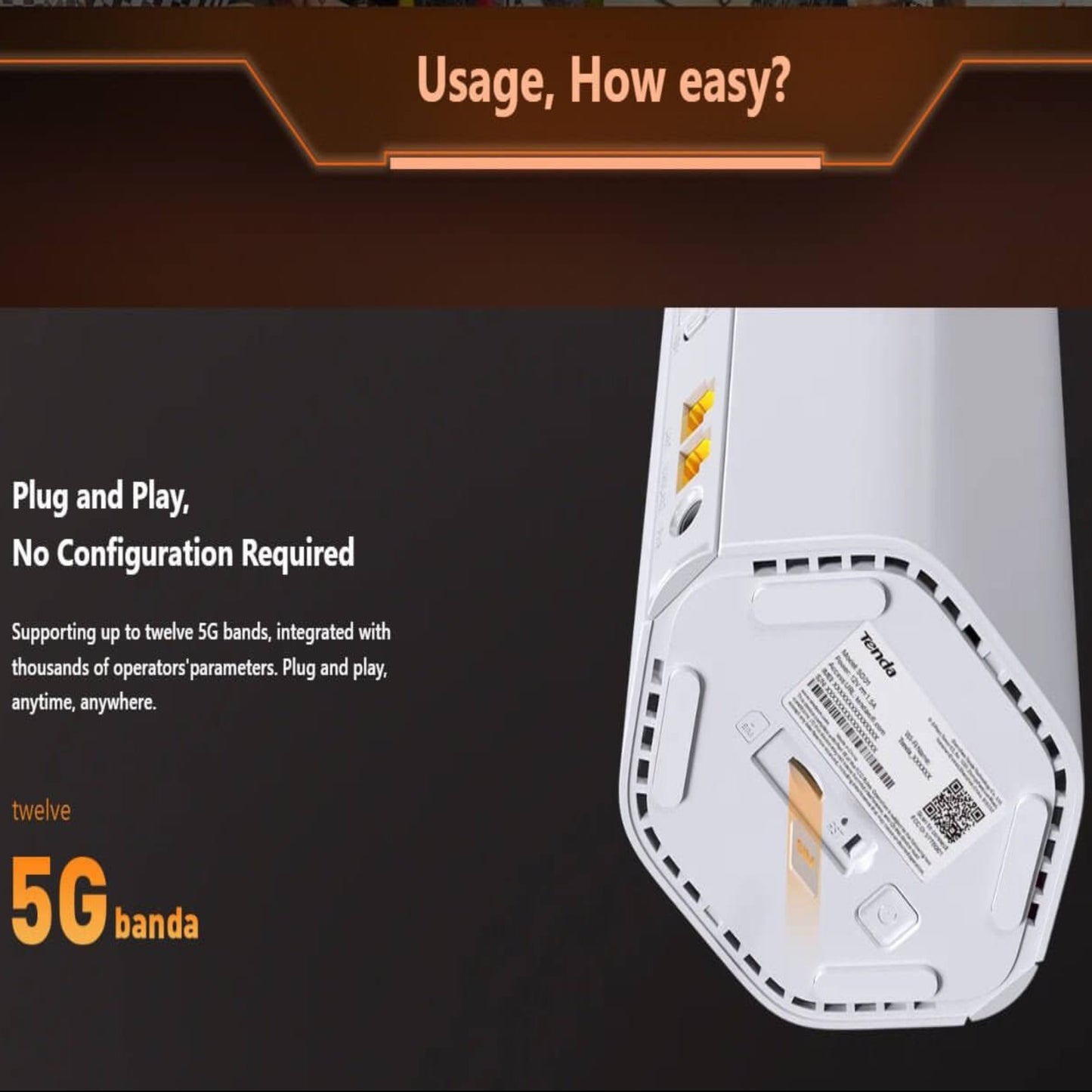 Bottom view of Tenda 5G01 router highlighting plug-and-play features and 12 5G bands for easy setup.
