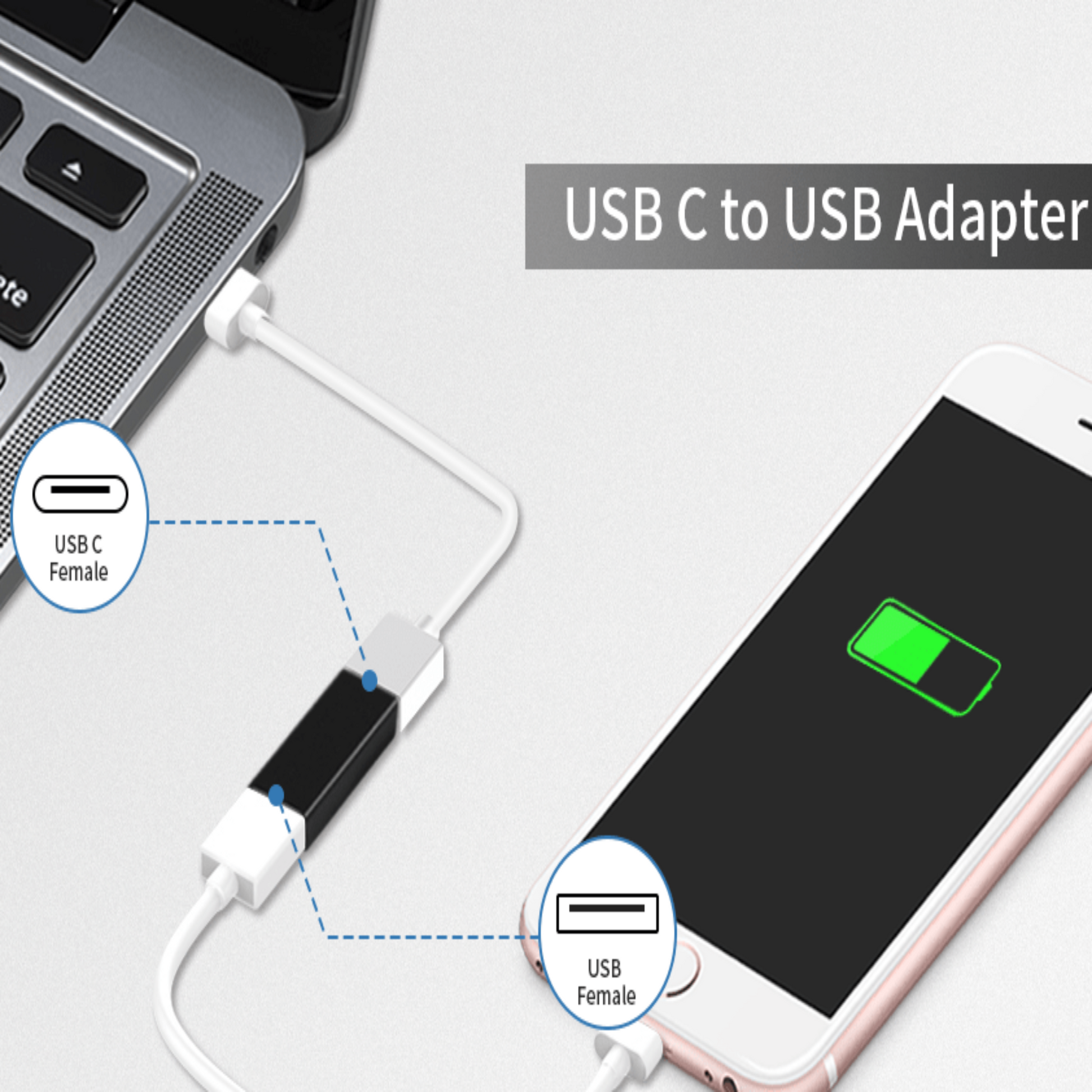 USB C to USB Adapter connecting laptop and smartphone for charging and data transfer.