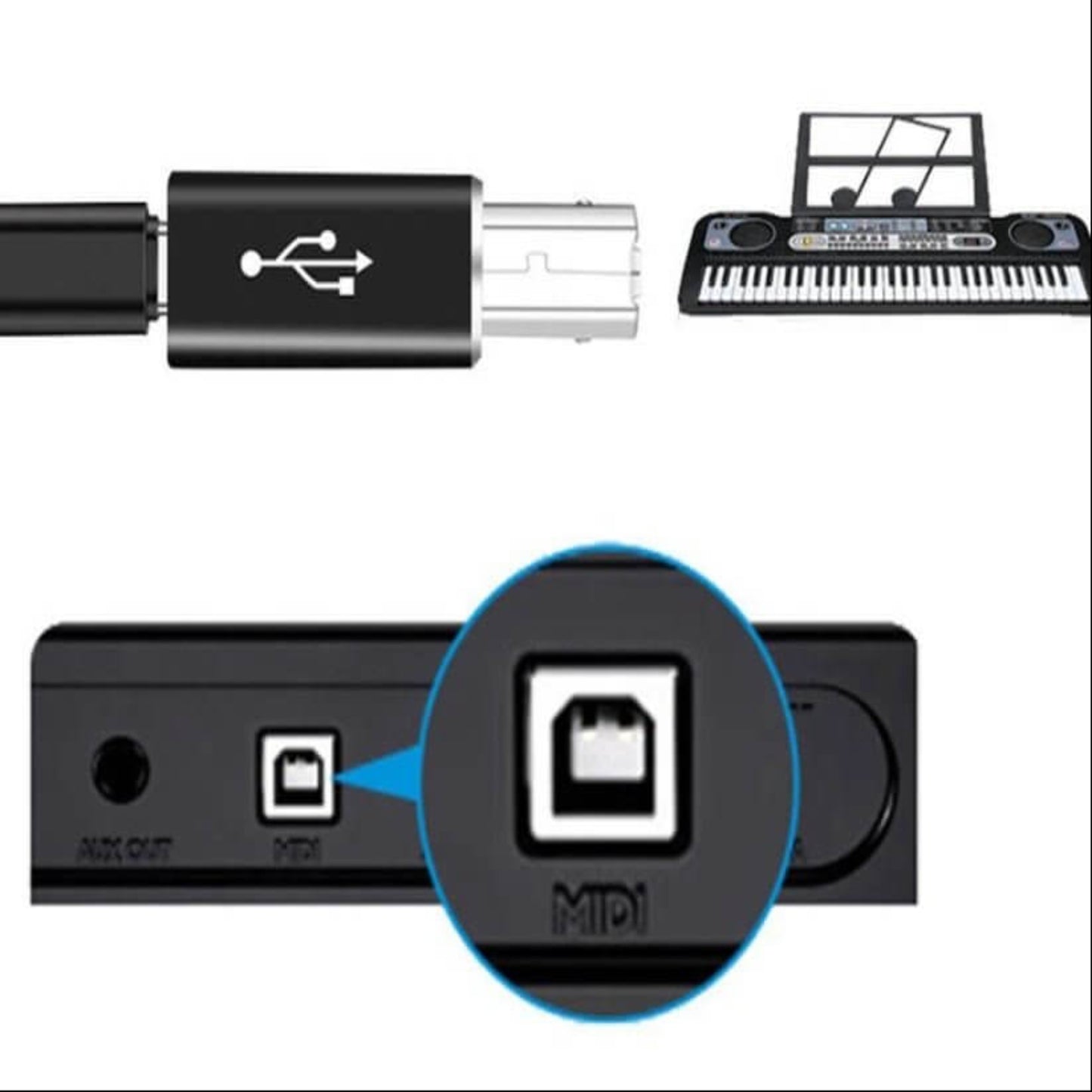 Type-C to USB B MIDI adapter connecting to a MIDI keyboard, showcasing versatile device compatibility.