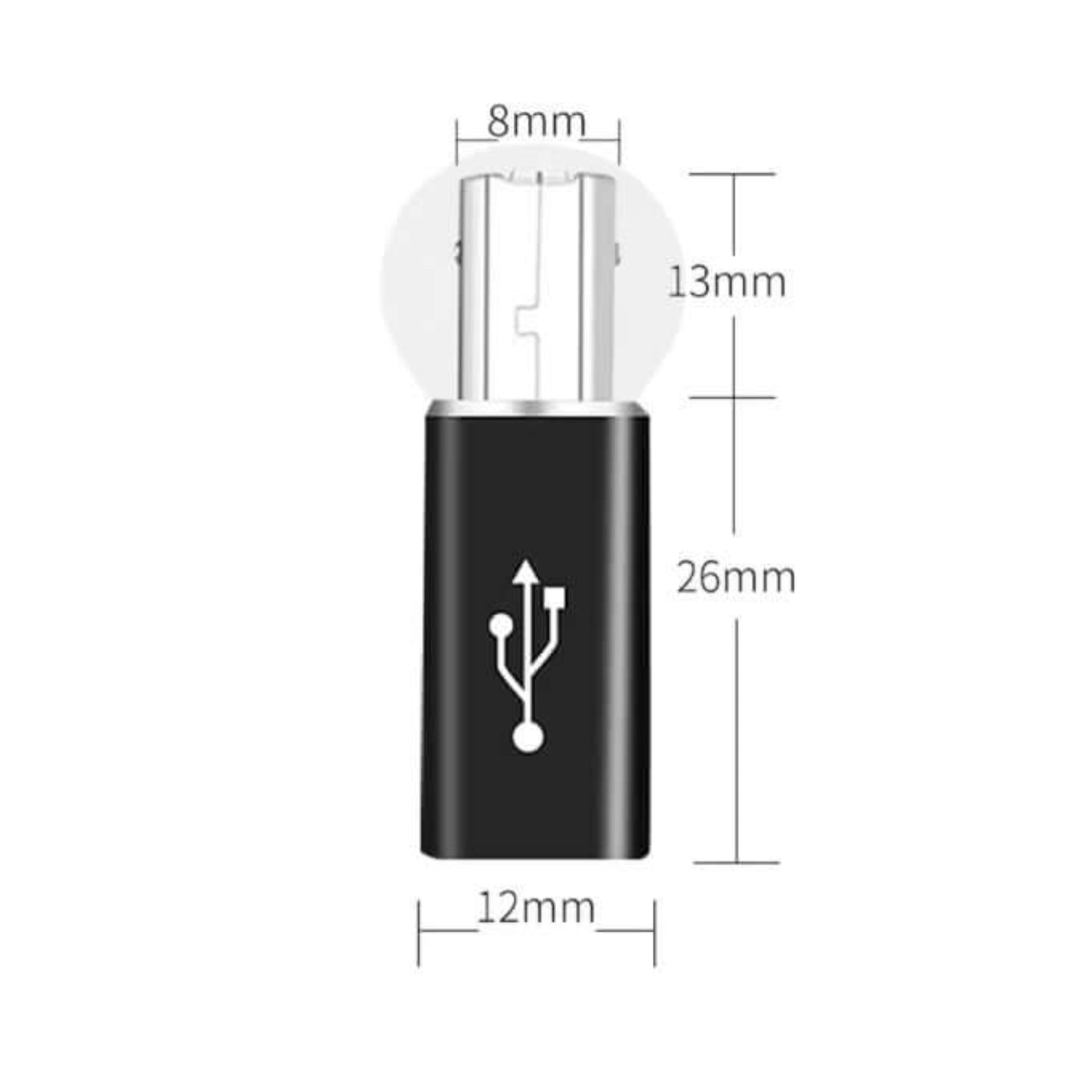 Type-C to USB B MIDI adapter dimensions showing height, width, and connector type for seamless device connection.