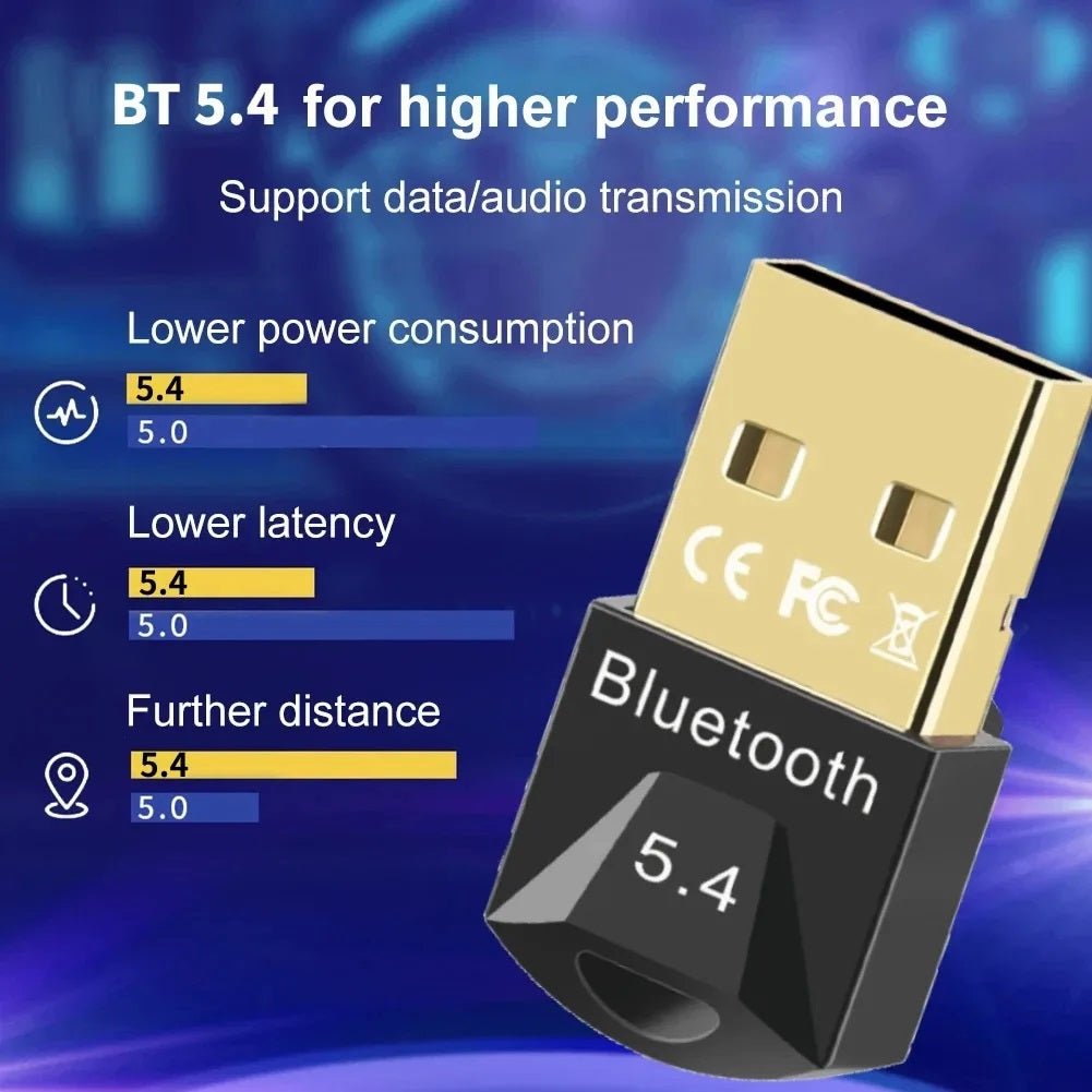 USB Bluetooth 5.4 dongle for audio transmission, showcasing lower power consumption and latency, ideal for various devices.