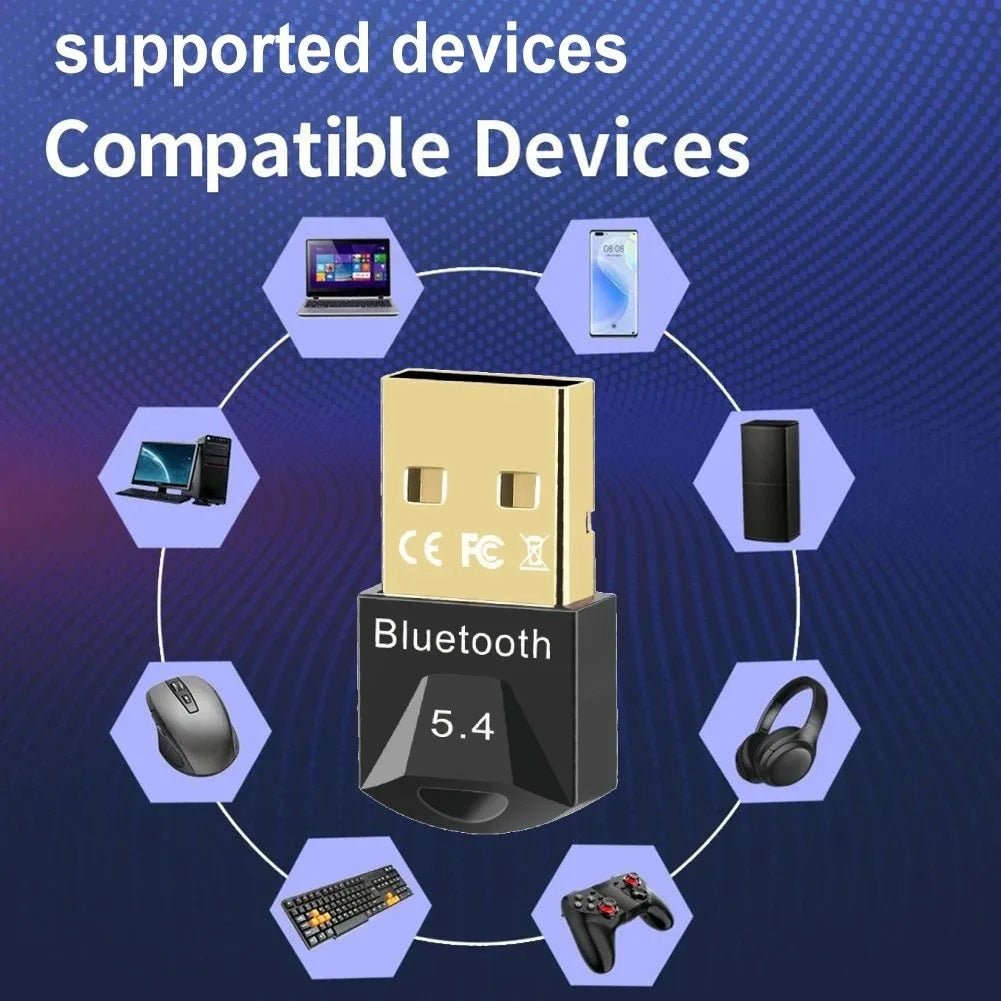 USB Bluetooth 5.4 dongle showing compatible devices including laptop, mouse, keyboard, and headphones.