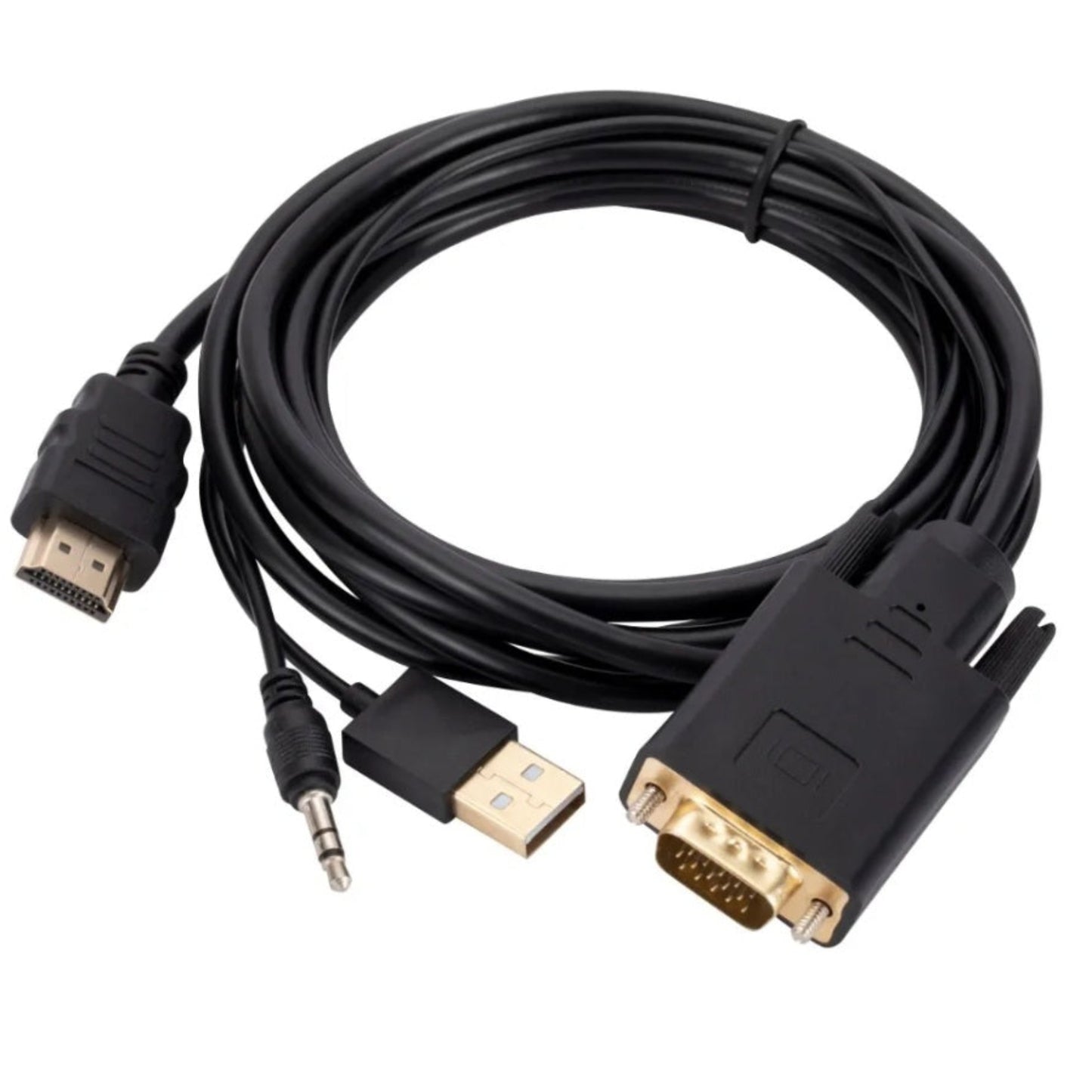 A coiled VGA to HDMI adapter cable showing the VGA, HDMI, USB, and 3.5mm audio connectors.