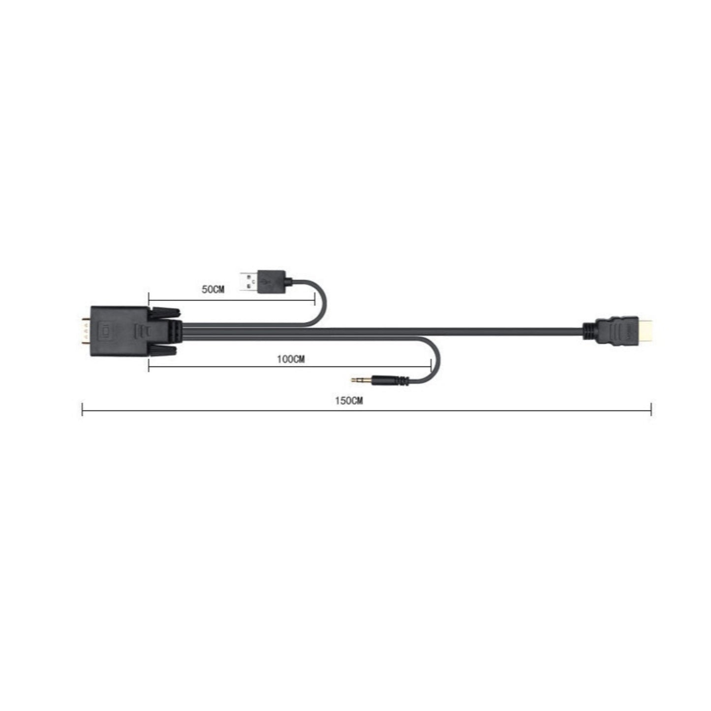 Diagram of the VGA to HDMI adapter cable with length measurements of 50cm, 100cm, and 150cm.