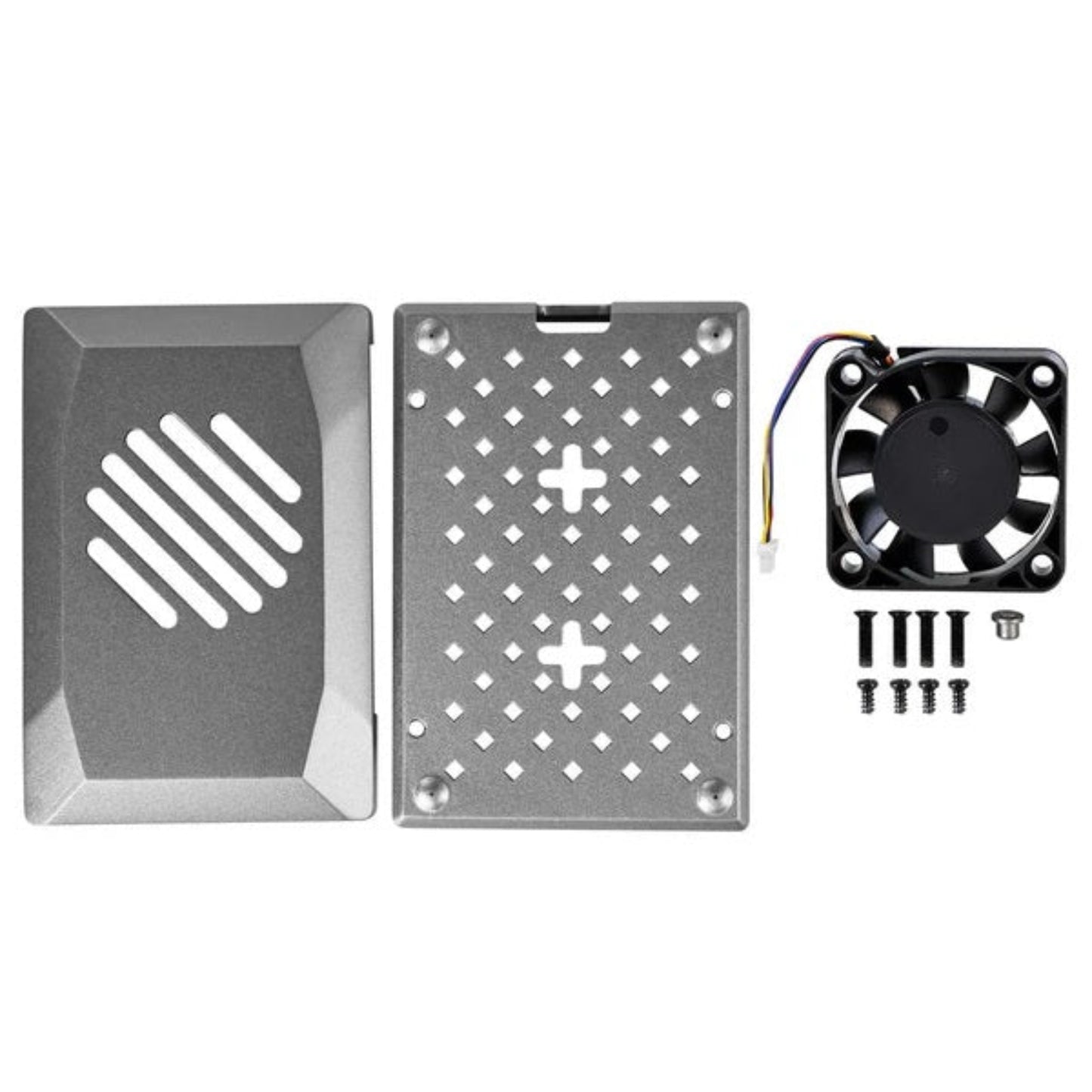 Raspberry Pi 5 silver ABS case parts with PWM cooling fan and screws for easy assembly.