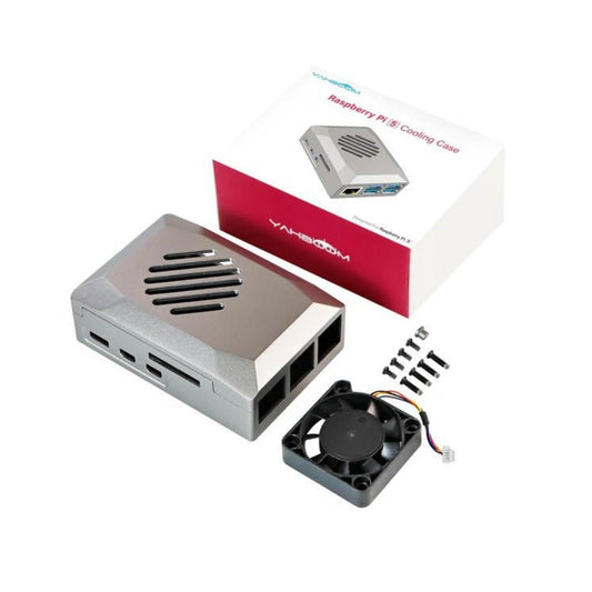 Silver ABS case for Raspberry Pi 5 with PWM cooling fan and removable cover, featuring a stylish design.