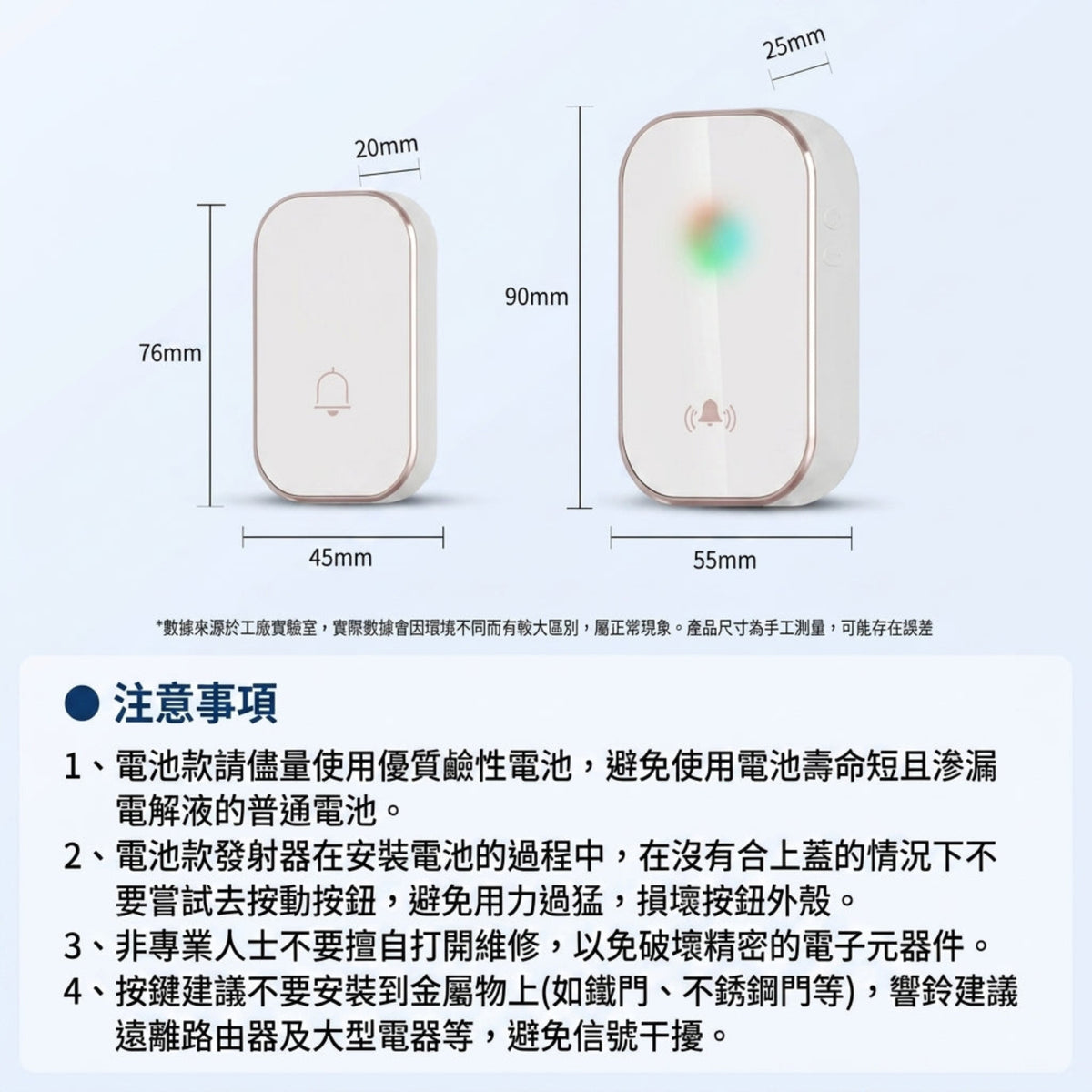 無線門鈴詳細尺寸標註與安裝注意事項,發射器 76mm、接收器 90mm。
