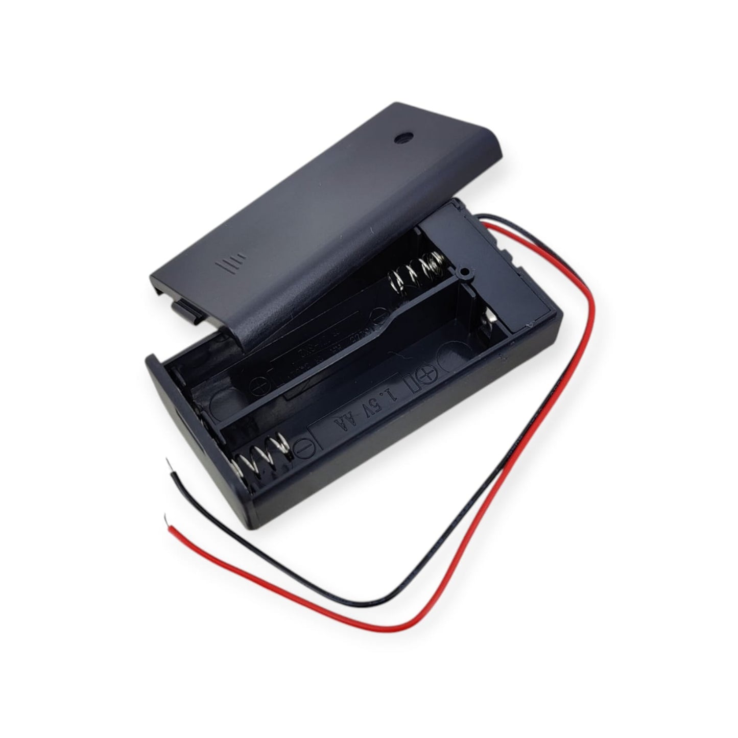 2-slot AA battery holder, black plastic case open, showing internal slots and red/black leads. Ideal for electronic projects.
