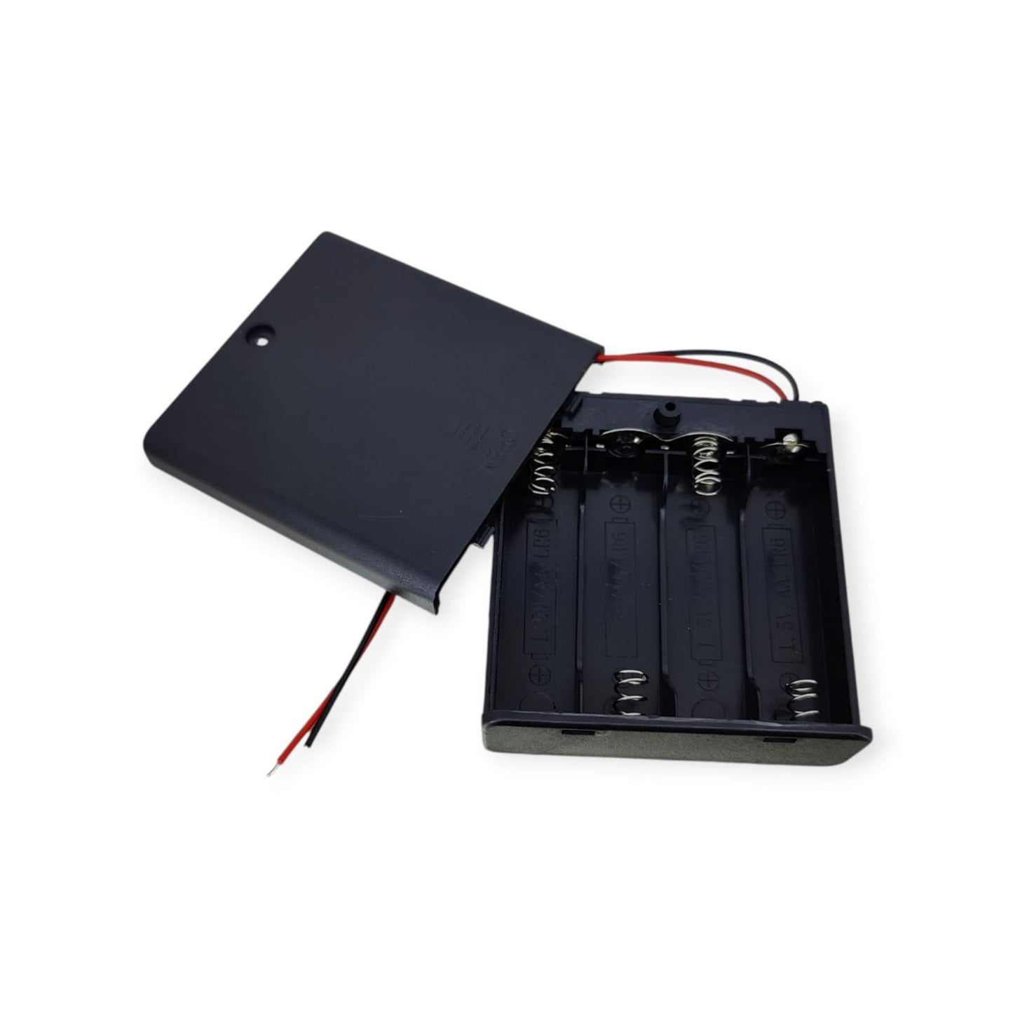 4-slot AA battery holder, open, showing 1.5V AA/LR6 marking, battery springs, and connecting leads.